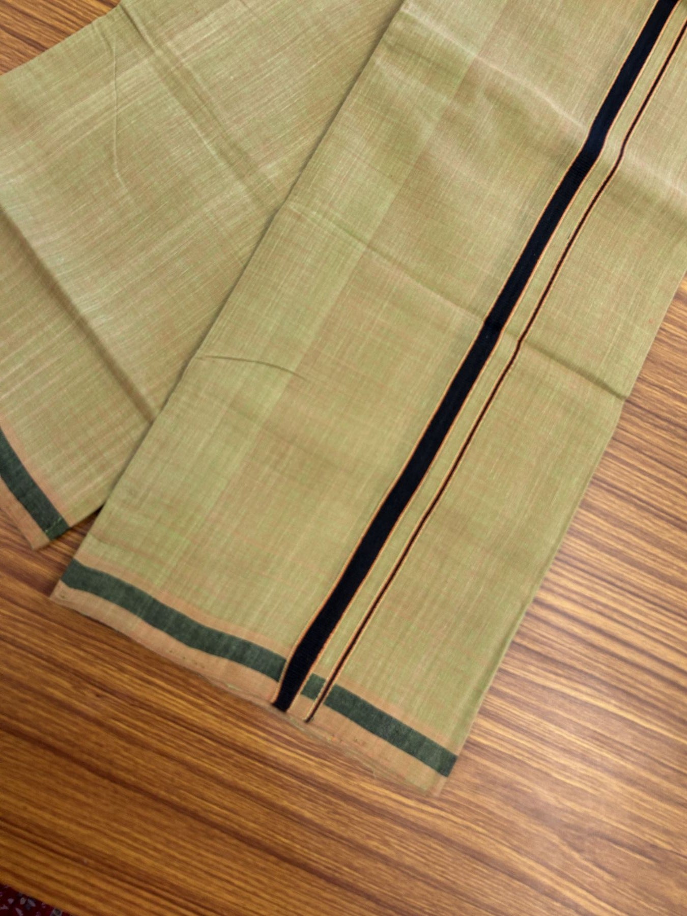 Handloom Single Hallmarked - 10% Discount !! KaithariKada 100% Pure Cotton - Mundu/Dhoti Greenish Brown Body & 1.5 cm Black & Orange Kara - (2 meter / 4 muzham) - 4 KK8044 ELA
