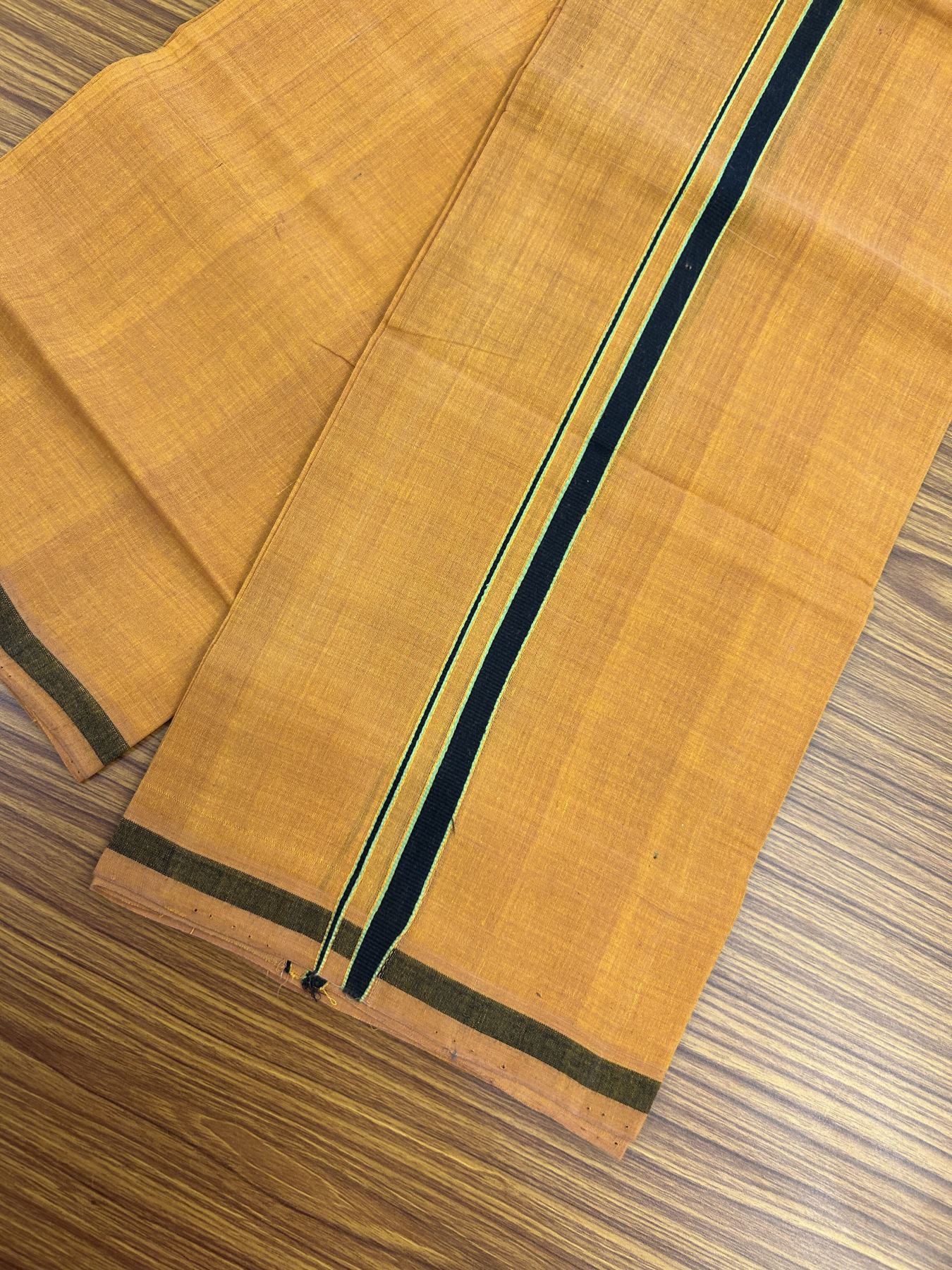 Handloom Single Hallmarked - 10% Discount ! KaithariKada 100% Pure Cotton - Mundu/Dhoti 0.5 inch Black & Parrot Green Kara with Kavi colour Body - (2 meter / 4 muzham) - 54 KK8044 ELA