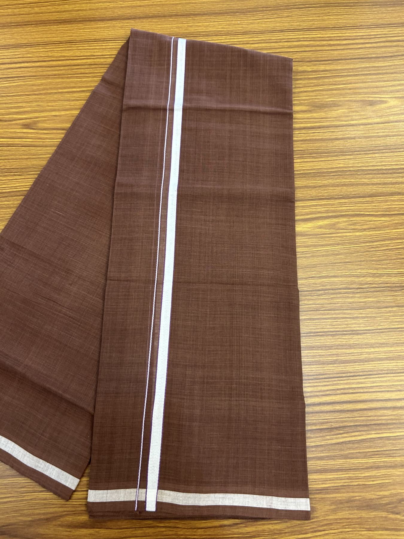 Handloom Single Hallmarked - 10% Discount ! KaithariKada 100% Pure Cotton - Mundu/Dhoti 0.5 inch White & Violet kara with Brown colour Body - (2 meter / 4 muzham) - 83 KK8044 ELA