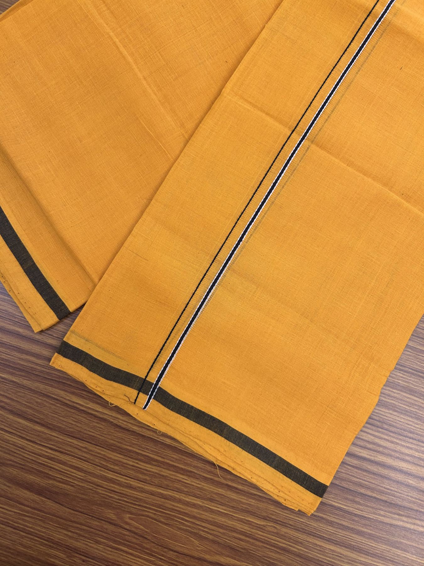 Handloom Single Hallmarked - 10% Discount !! KaithariKada 100% Pure Cotton - Mundu/Dhoti 0.2 cm Black Kara with Light Orange colour Body - (2 meter / 4 muzham) - 42 KK8044 ELA