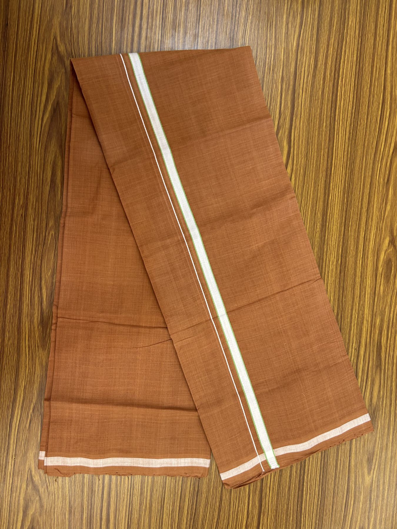 Handloom Single Hallmarked - 10% Discount ! KaithariKada 100% Pure Cotton - Mundu/Dhoti 0.5 inch White & Parrot Green Kara with Kavi colour Body - (2 meter / 4 muzham) - 58 KK8044 ELA