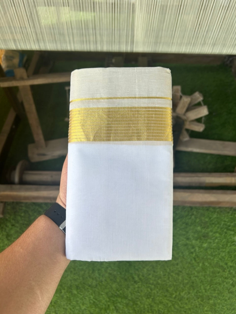 30% Disocunt! NEW PURE WHITE HANDLOOM UNAKKUPAAV Balaramapuram - 100% Cotton Double Pure White - Mundu/Dhoti - 100x100 - 7 inch Gold Kasavu Striped & Kasavu Half Tissue Kara- 1KK5111ABH