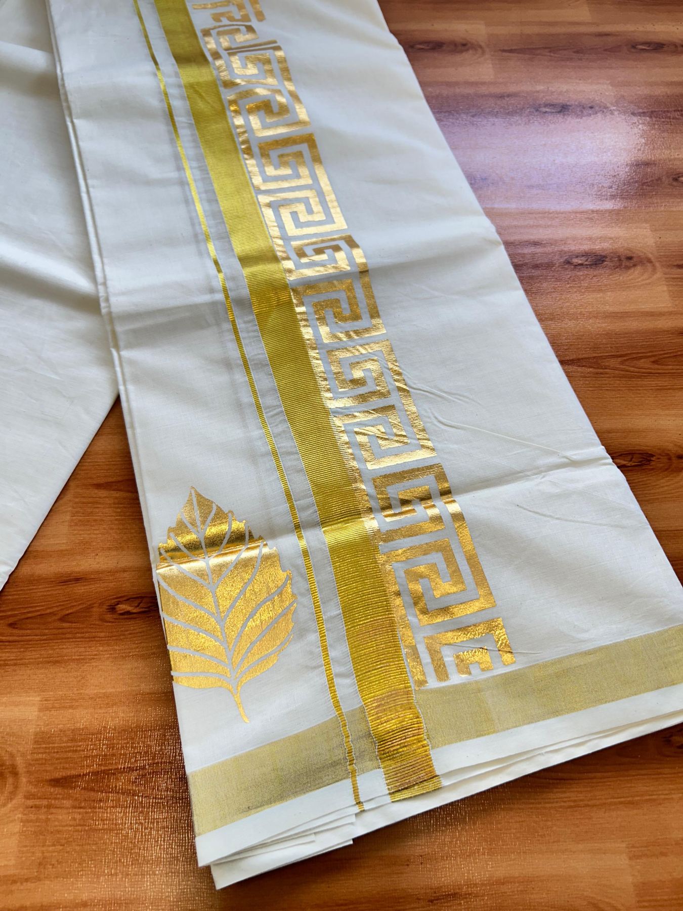 Double Off White (Unbleached) Mundu/Dhoti - 20% Discount!! KaithariKada Mixed Cotton (60s) - 3 inch Gold Kasav & Printed Designer Kara 4 mtr (8.5 Muzham) - 38 KK5487 CKS