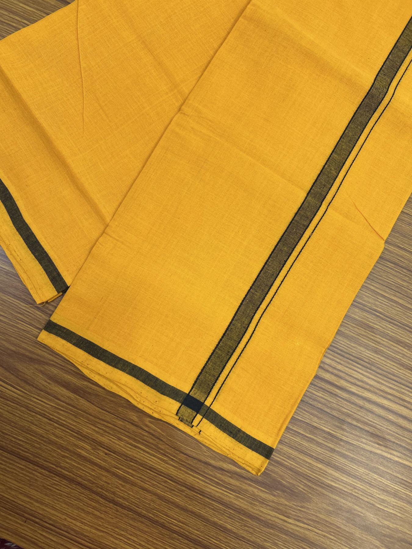 Handloom Single Hallmarked - 10% Discount !! KaithariKada 100% Pure Cotton - Mundu/Dhoti 1.5 cm Black Shaded Kara with Light Orange colour Body - (2 meter / 4 muzham) - 45 KK8044 ELA