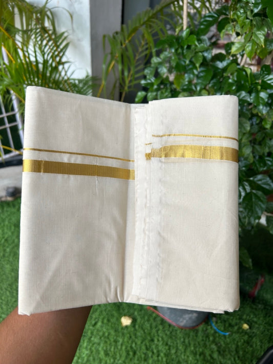 19% Discount !! KaithariKada Balaramapuram 100% Cotton Double Off white - (Unbleached) Mundu/Dhoti-100x80 - 1.5 cm Kasavu  Kara - 5KK5187ASH