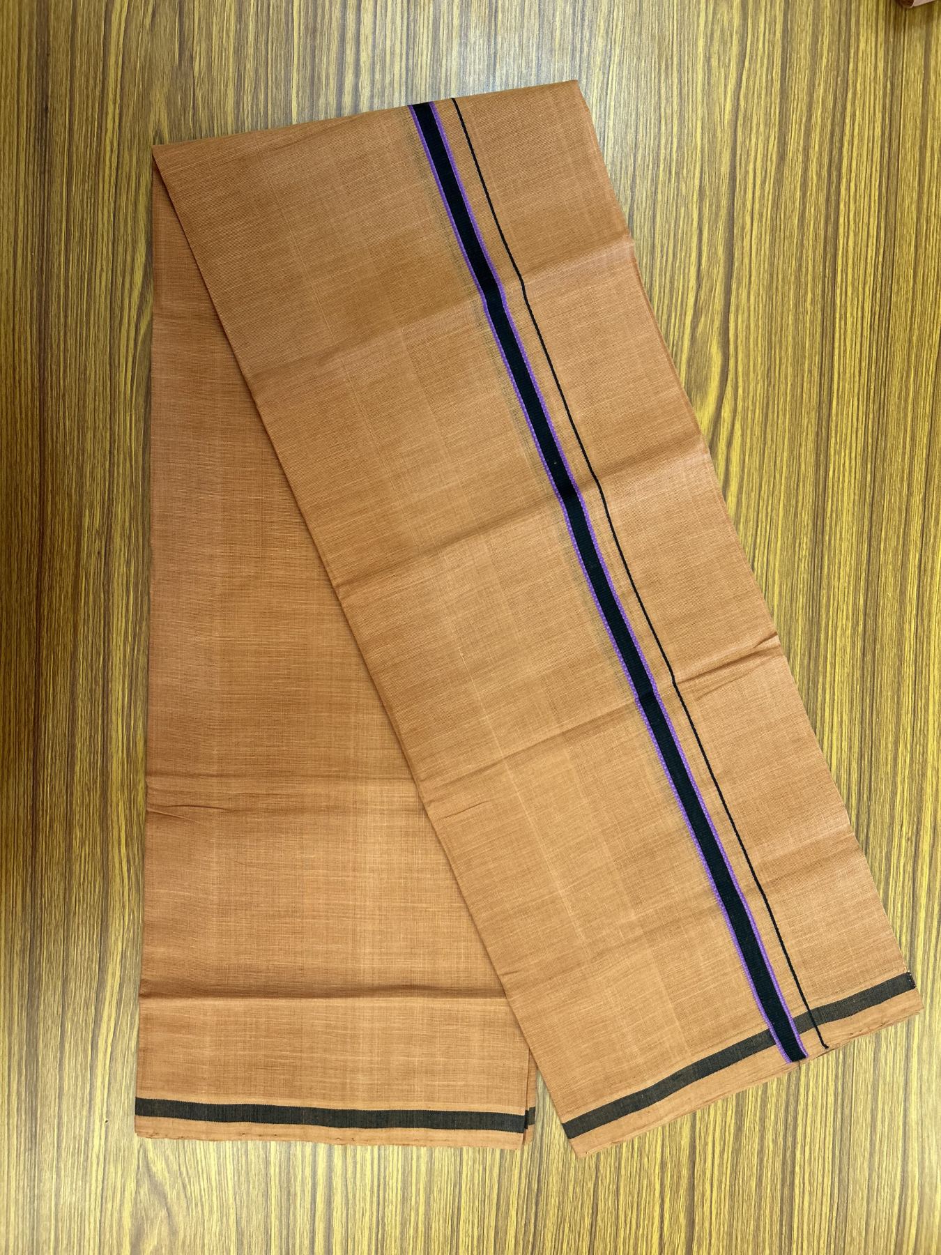 Handloom Single Hallmarked - 10% Discount ! KaithariKada 100% Pure Cotton - Mundu/Dhoti 0.5 inch Black & Violet Kara with Kavi colour Body - (2 meter / 4 muzham) - 55 KK8044 ELA