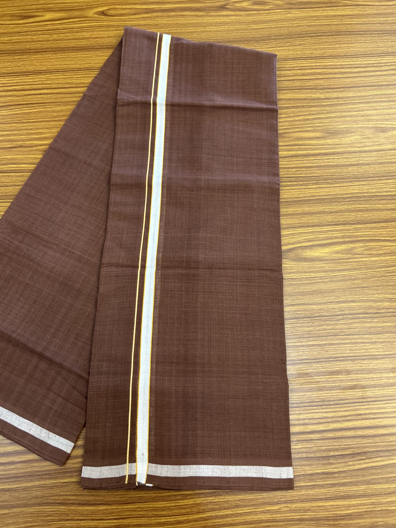 Handloom Single Hallmarked - 10% Discount ! KaithariKada 100% Pure Cotton - Mundu/Dhoti 0.5 inch White & Light Orange kara with Brown colour Body - (2 meter / 4 muzham) - 82 KK8044 ELA
