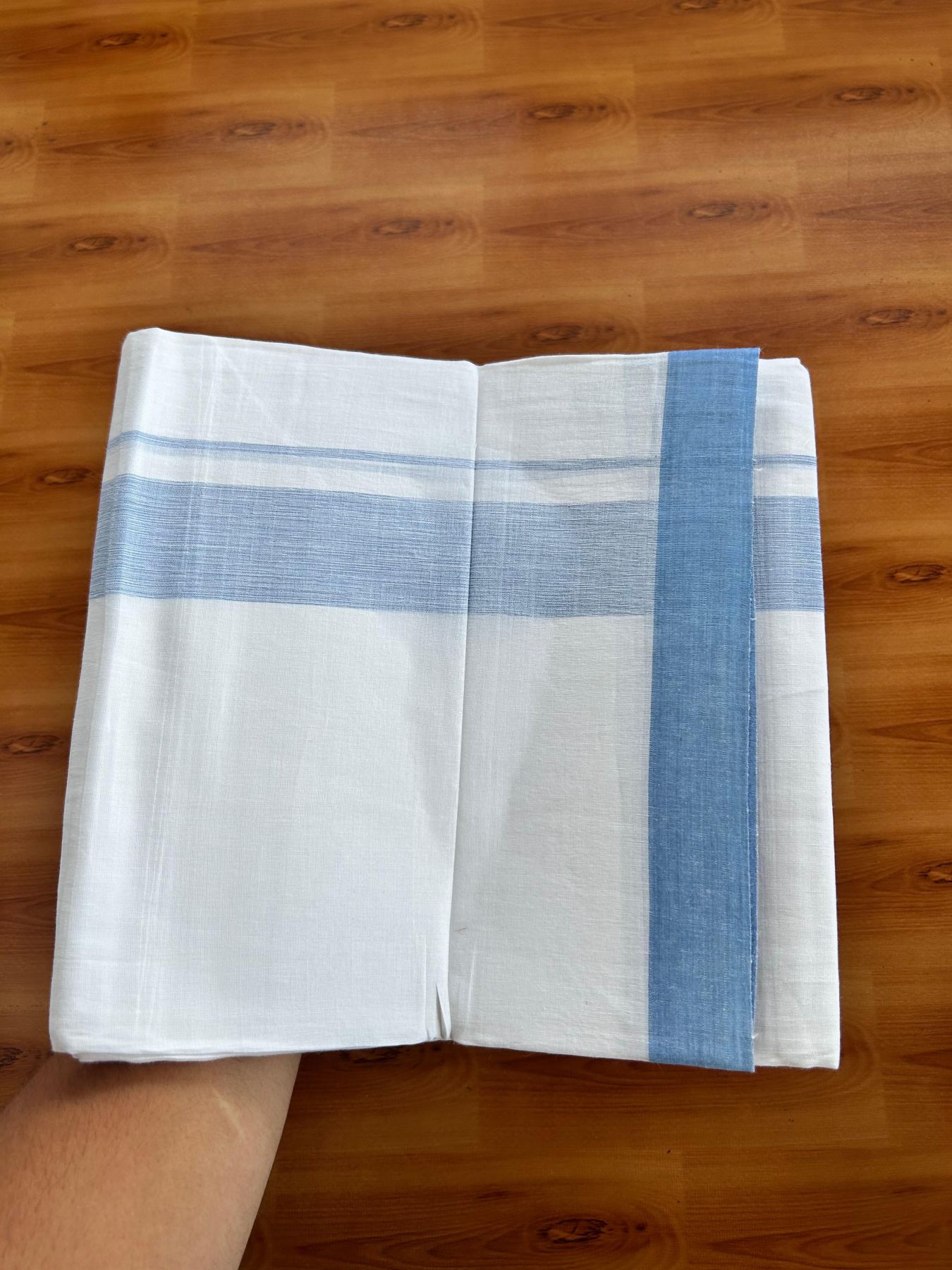 Linen Dhoti New! 20% Discount from Kaitharikada.com - Double Mundu/Dhoti (80s) Thread Pure White - Pure Cotton + Linen - 1.75 Inch Blue Shaded Kara 4 mtr (8.5 muzham) - 1 KK5493 THI