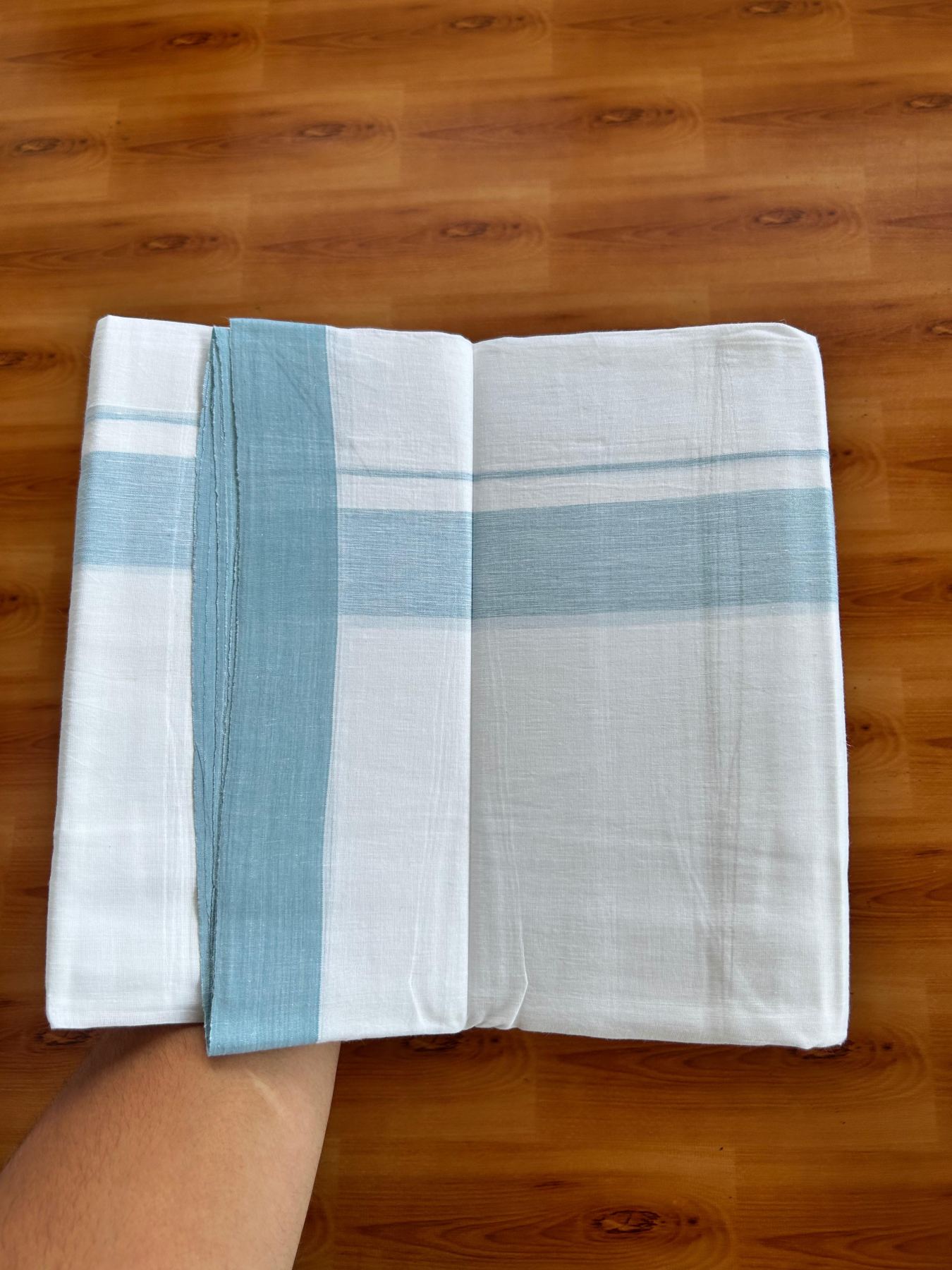 Linen Dhoti New! 20% Discount from Kaitharikada.com - Double Mundu/Dhoti (80s) Thread Pure White - Pure Cotton + Linen - 1.75 Inch Light Blue Shaded Kara 4 mtr (8.5 muzham) - 2 KK5493 THI