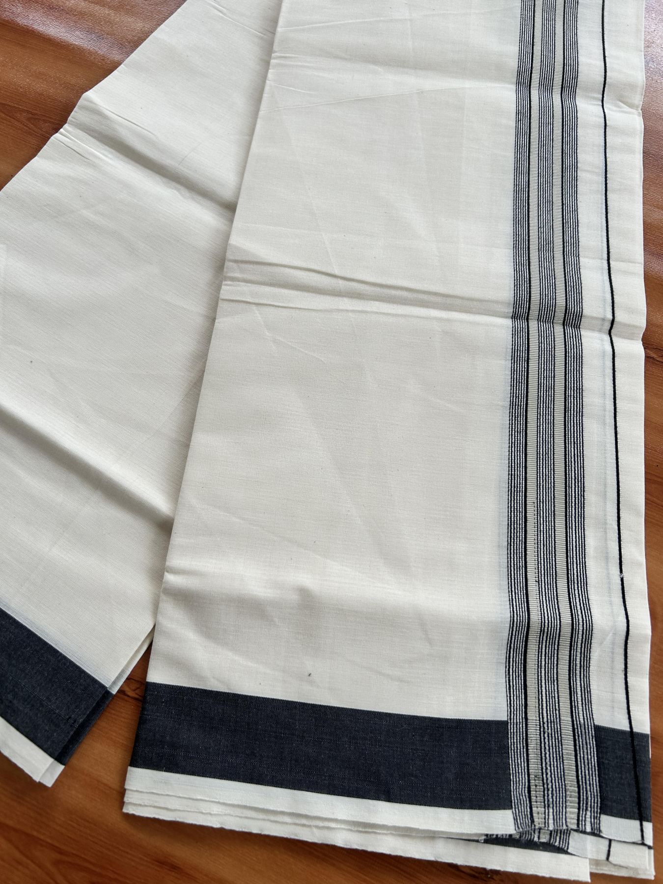 Single Off White - (Unbleached) Mundu/Dhoti - KaithariKada Balaramapuram Cotton 70x30 - 1.5 inch Silver Kasav & Black Striped Kara (2 meter / 4 muzham) - 20 KK5409 PMC