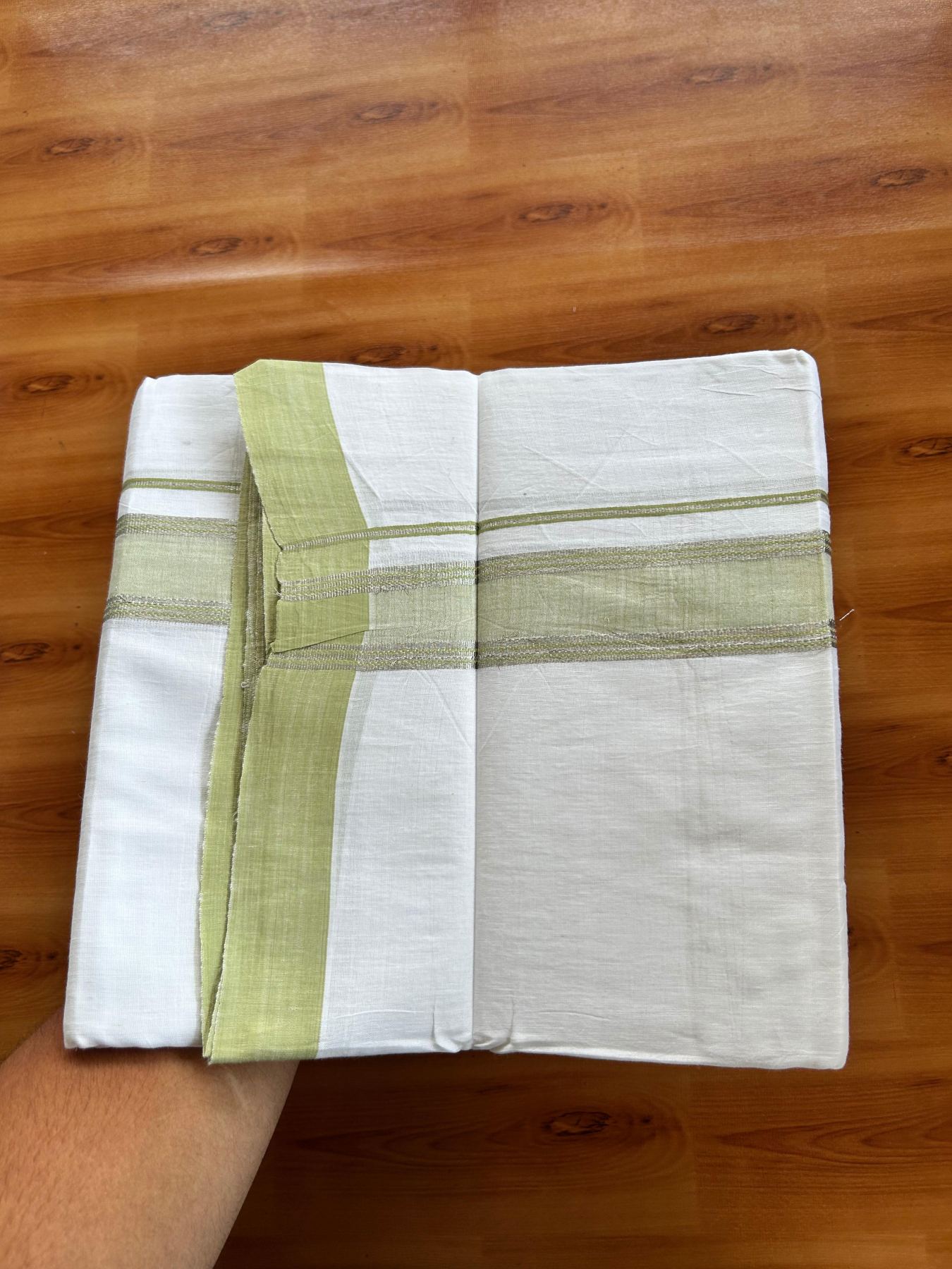 Linen Dhoti New! 20% Discount from Kaitharikada.com - Double Mundu/Dhoti (80s) Thread Pure White - Pure Cotton + Linen - 1.75 Inch Silver Kasav & Light Green Shaded Striped Kara 4 mtr (8.5 muzham) - 11 KK5493 THI