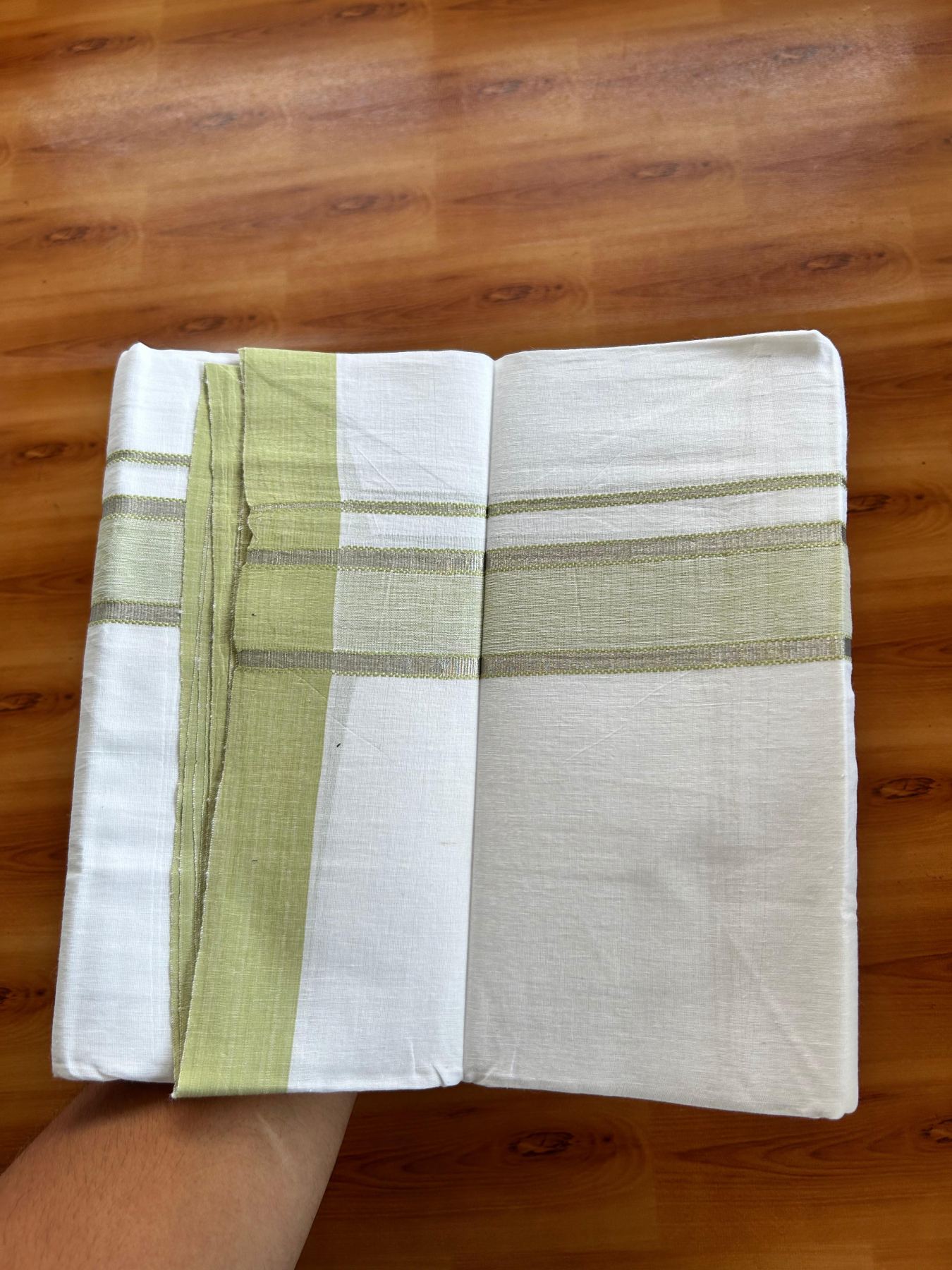 Linen Dhoti New! 20% Discount from Kaitharikada.com - Double Mundu/Dhoti (80s) Thread Pure White - Pure Cotton + Linen - 1.75 Inch Silver Kasav & Light Green Shaded Striped Kara 4 mtr (8.5 muzham) - 12 KK5493 THI