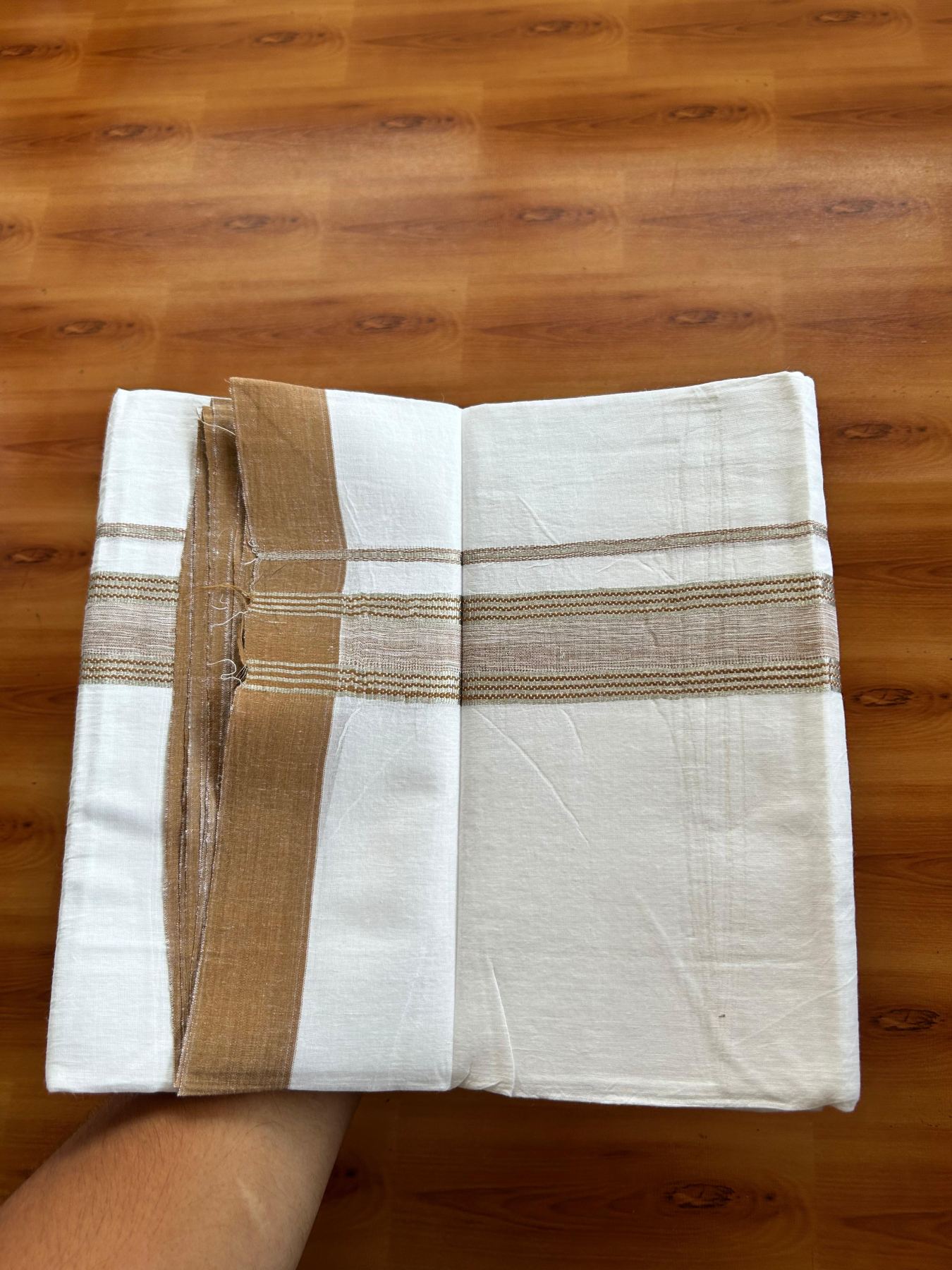 Linen Dhoti New! 20% Discount from Kaitharikada.com - Double Mundu/Dhoti (80s) Thread Pure White - Pure Cotton + Linen - 1.75 Inch Silver Kasav & Brown Shaded Striped Kara 4 mtr (8.5 muzham) - 15 KK5493 THI