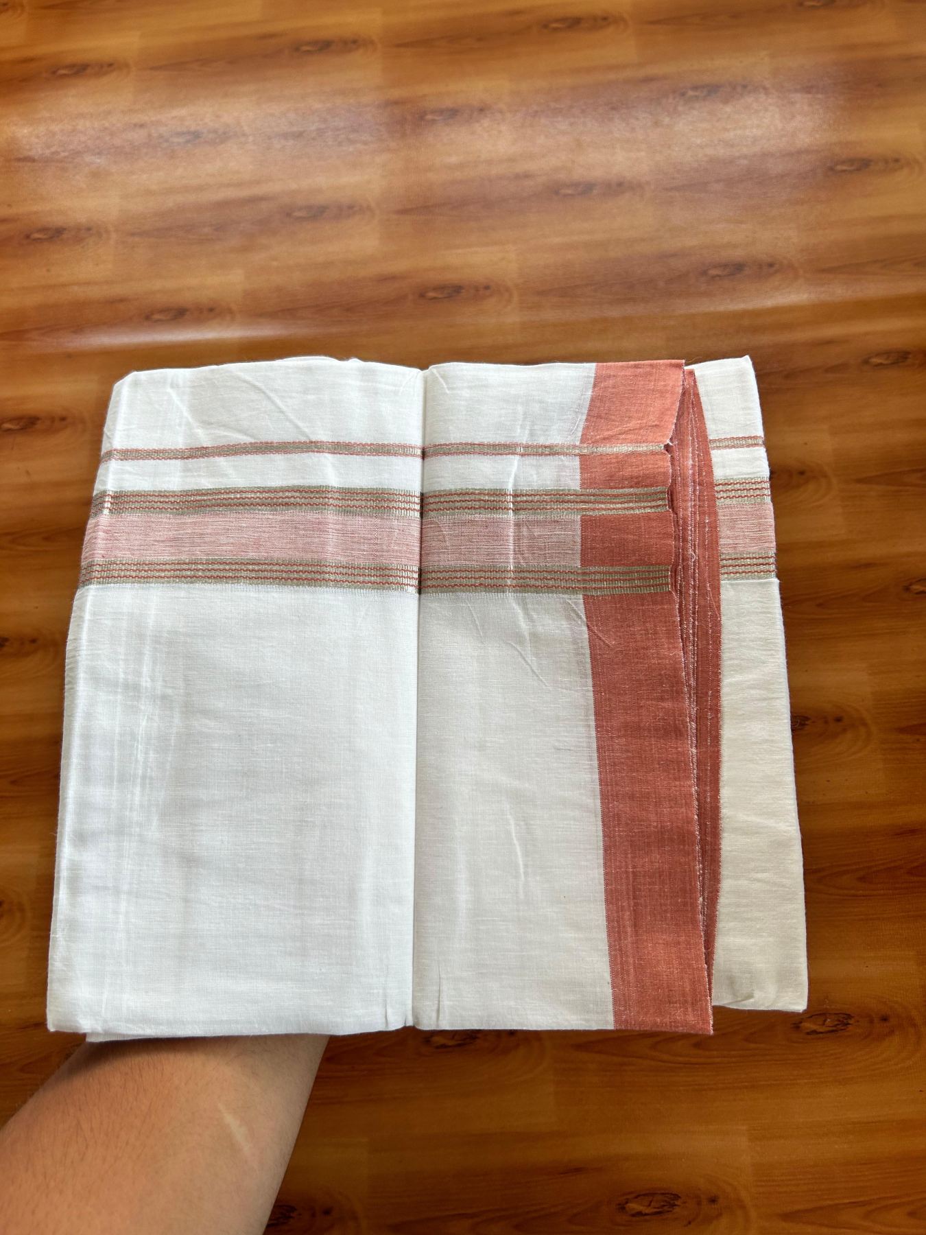 Linen Dhoti New! 20% Discount from Kaitharikada.com - Double Mundu/Dhoti (80s) Thread Pure White - Pure Cotton + Linen - 1.75 Inch Silver Kasav & Dusty Peach Shaded Striped Kara 4 mtr (8.5 muzham) - 16 KK5493 THI