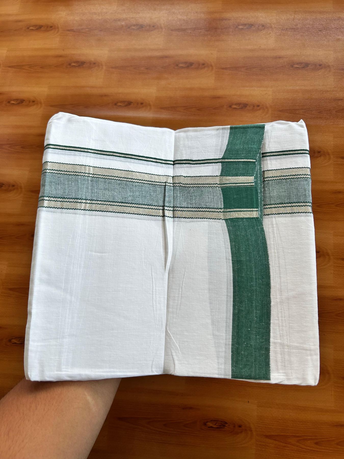 Linen Dhoti New! 20% Discount from Kaitharikada.com - Double Mundu/Dhoti (80s) Thread Pure White - Pure Cotton + Linen - 1.75 Inch Silver Kasav & Green Shaded Striped Kara 4 mtr (8.5 muzham) - 19 KK5493 THI