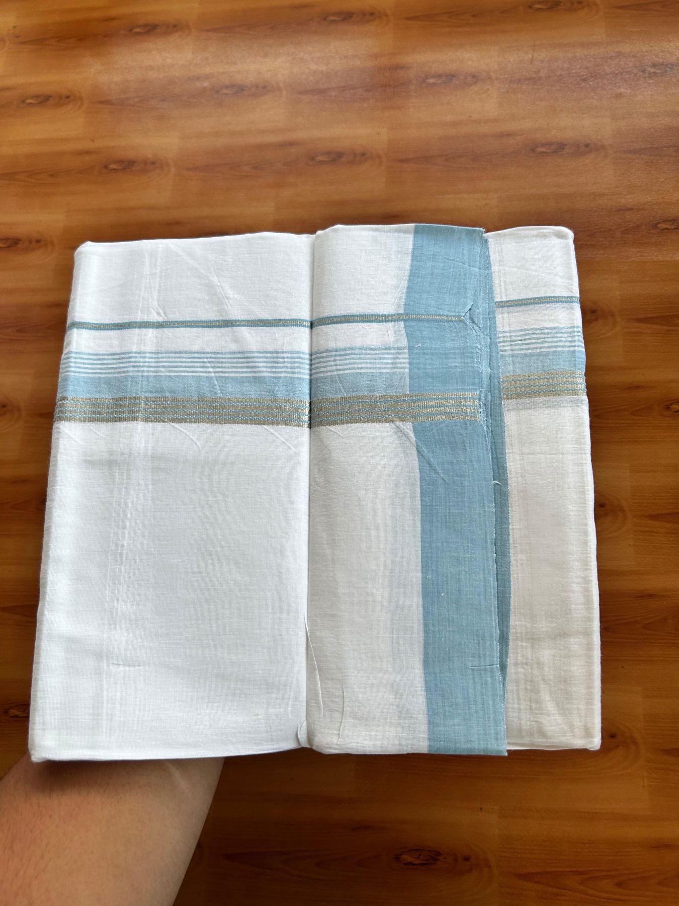 Linen Dhoti New! 20% Discount from Kaitharikada.com - Double Mundu/Dhoti (80s) Thread Pure White - Pure Cotton + Linen - 1.75 Inch Silver Kasav & Light Blue Shaded Striped Kara 4 mtr (8.5 muzham) - 20 KK5493 THI