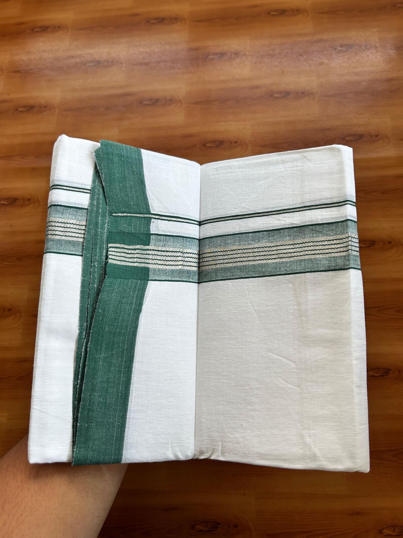 Linen Dhoti New! 20% Discount from Kaitharikada.com - Double Mundu/Dhoti (80s) Thread Pure White - Pure Cotton + Linen - 1.75 Inch Silver Kasav & Green Shaded Striped Kara 4 mtr (8.5 muzham) - 23 KK5493 THI