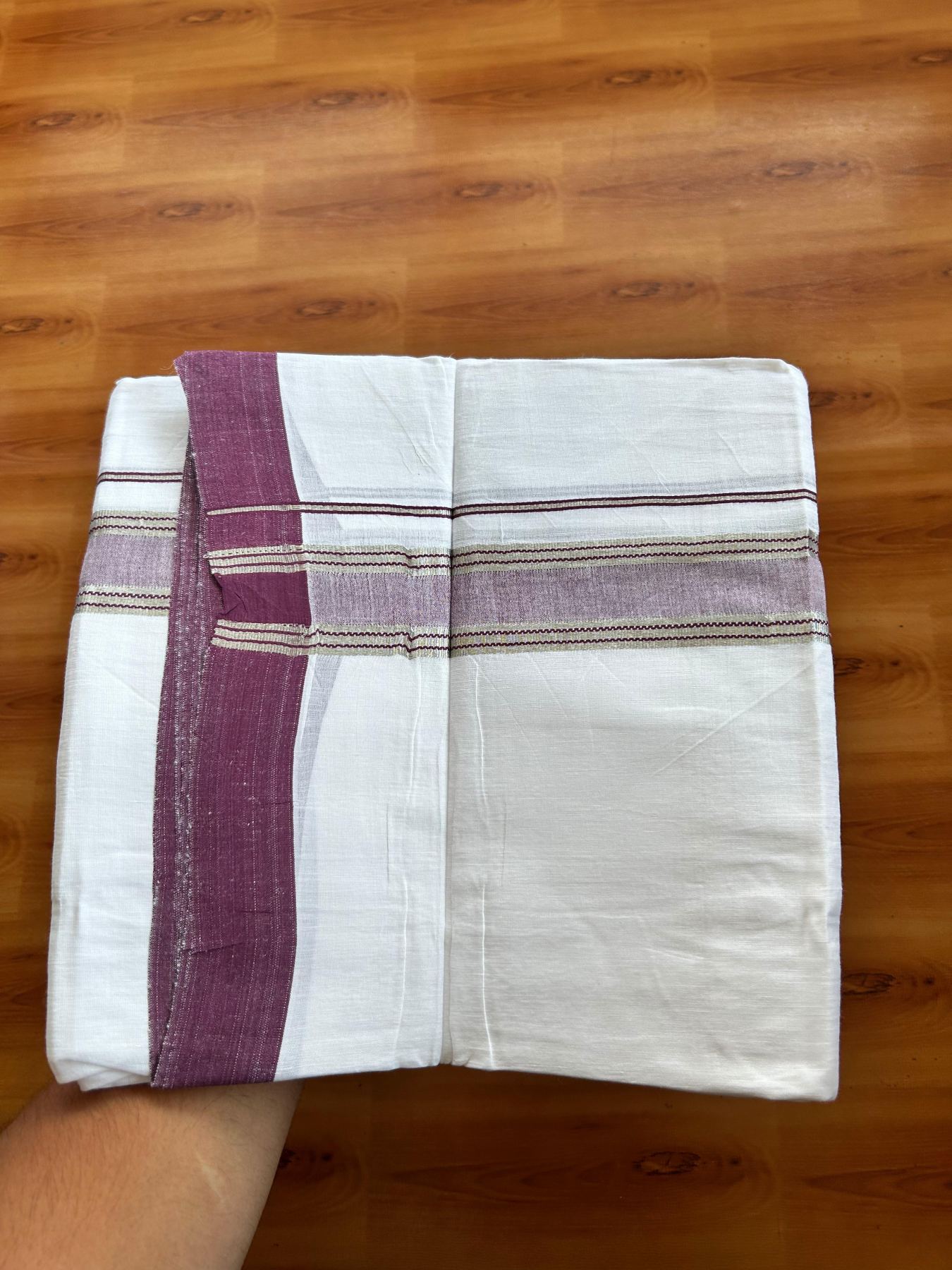 Linen Dhoti New! 20% Discount from Kaitharikada.com - Double Mundu/Dhoti (80s) Thread Pure White - Pure Cotton + Linen - 1.75 Inch Silver Kasav & Wine Purple Shaded Striped Kara 4 mtr (8.5 muzham) - 26 KK5493 THI
