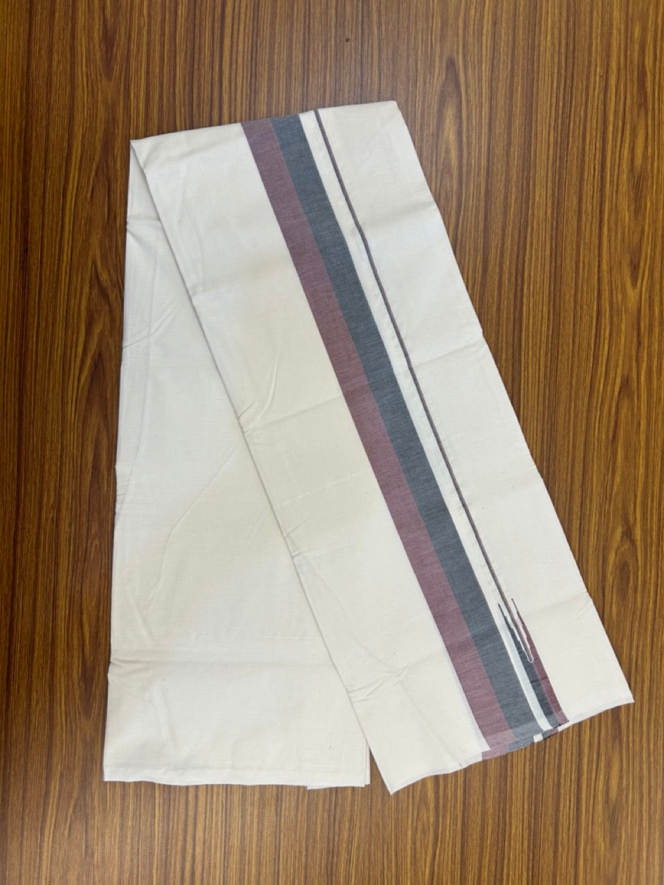 DMK Veshti - 20% DISCOUNT ! KaithariKada Balaramapuram 100% COTTON SINGLE OFF WHITE (Unbleached) Mundu/Dhoti-100X100 - 2 inch Puliyilakkara Maroon & Black Shaded Chutty Kara (2 meter / 4 muzham) - 1 KK5268 ASH