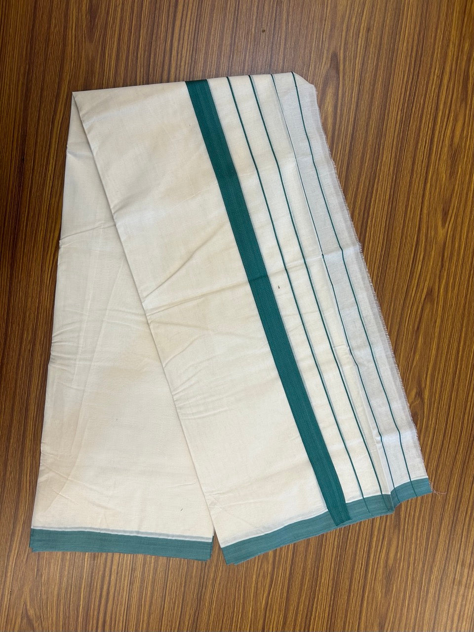 22% DISCOUNT! KaithariKada Balaramapuram 100% Cotton Double Off white - (Unbleached) Mundu/Dhoti-100x100 Pine Green Side Stripes Kara - 4 mtr (8.5 Muzham) - 5 KK5268 ASH