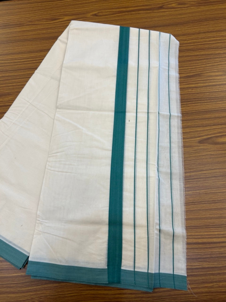 22% DISCOUNT! KaithariKada Balaramapuram 100% Cotton Double Off white - (Unbleached) Mundu/Dhoti-100x100 Pine Green Side Stripes Kara - 4 mtr (8.5 Muzham) - 5 KK5268 ASH