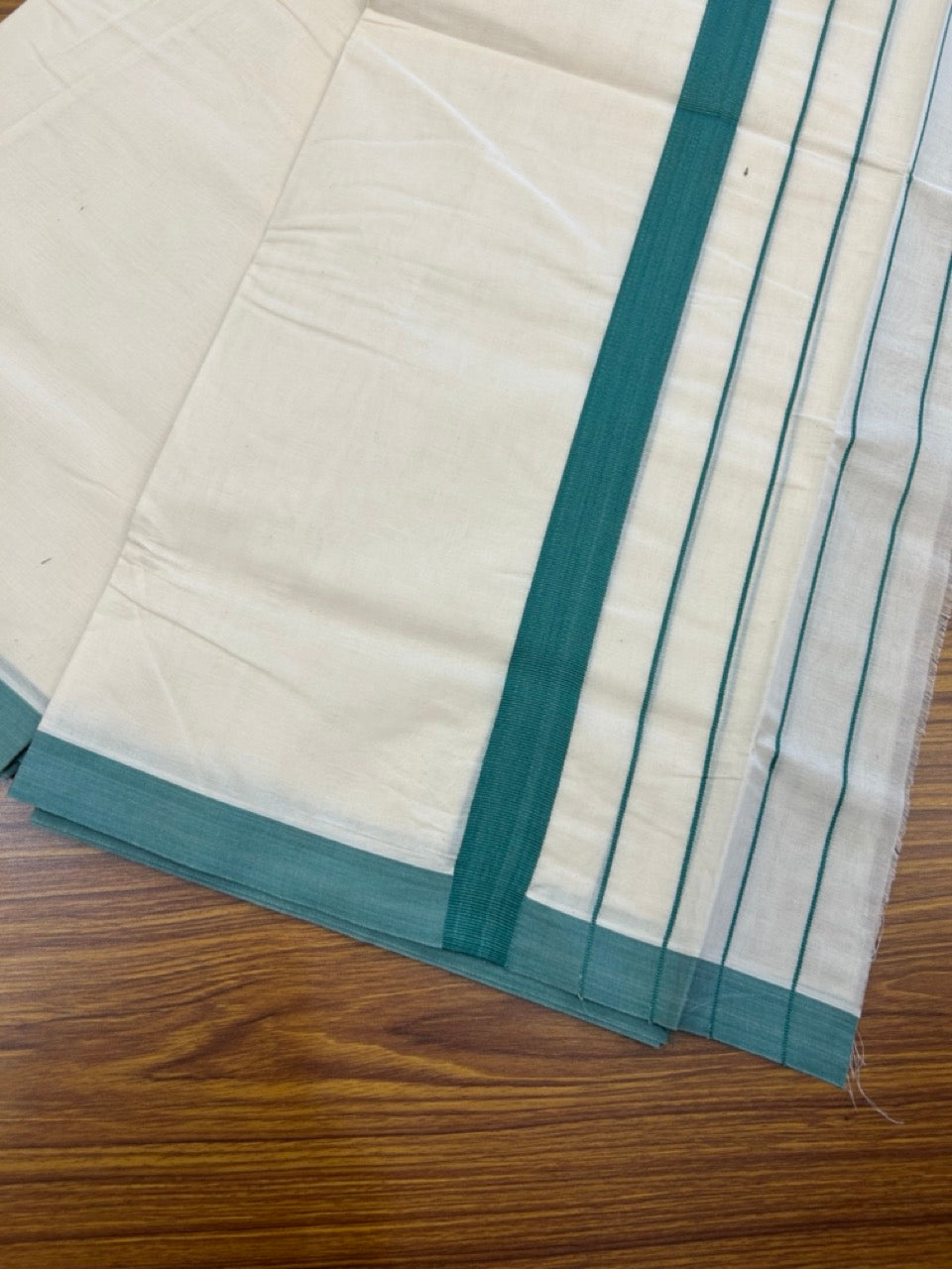 22% DISCOUNT! KaithariKada Balaramapuram 100% Cotton Double Off white - (Unbleached) Mundu/Dhoti-100x100 Pine Green Side Stripes Kara - 4 mtr (8.5 Muzham) - 5 KK5268 ASH