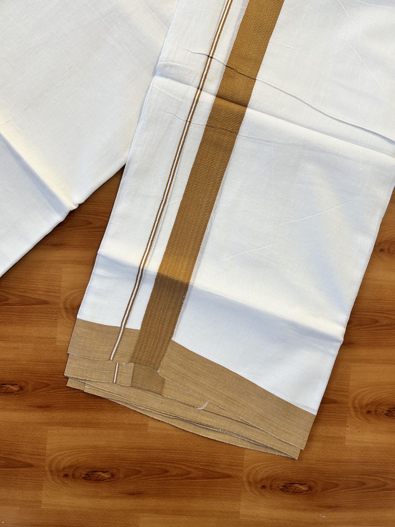 Pure White Double Mundu/Dhoti - 20% Discount ! Kaitharikada Pure Cotton - (60s) - 1.25 inch Brown Kara 3.80 mtr (8 muzham) - 33 KK5456 THI