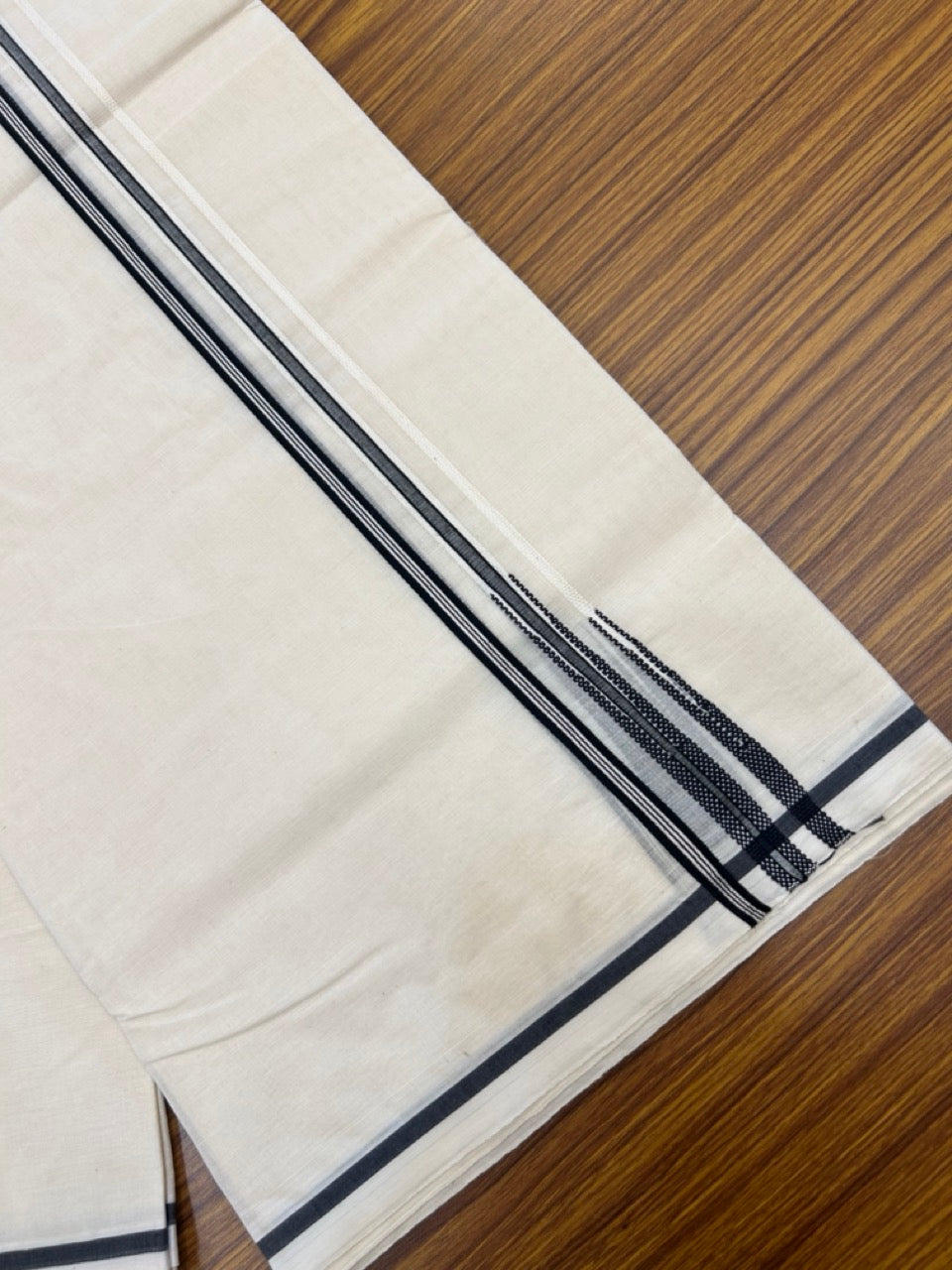 27% DISCOUNT!! KaithariKada Balaramapuram 100% Cotton off white Double - (Unbleached) Mundu/Dhoti-100x100 - 1 cm Puliyilakkara Black striped Double Chutty Kara - 8 KK5268 ASH