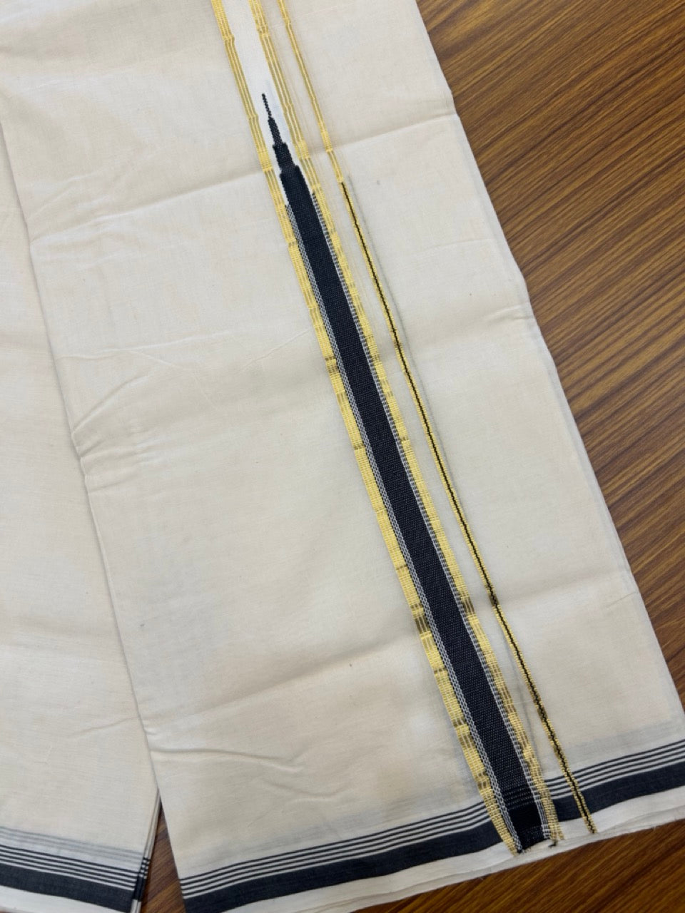 20% DISCOUNT! KaithariKada Balaramapuram 100% Cotton Double Off white Mundu/Dhoti-100x100 1.25 inch Kasav Black Temple Heavy chutty kara 4 mtr - 10 KK5268 ASH