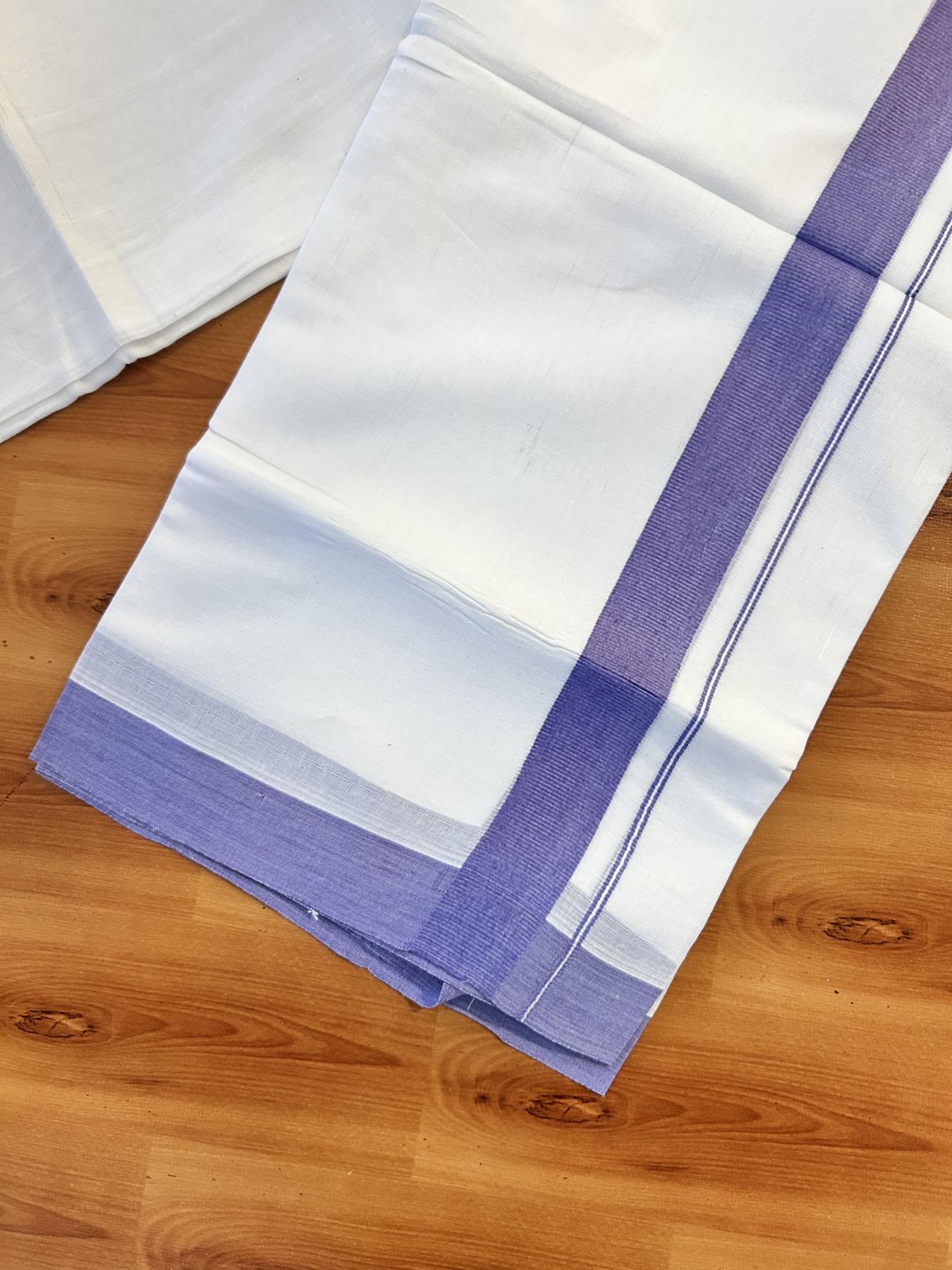 Pure White Double Mundu/Dhoti - 20% Discount ! Kaitharikada Pure Cotton - (60s) - 1.25 inch Dark Lavender Kara 3.80 mtr (8 muzham) - 44 KK5456 THI