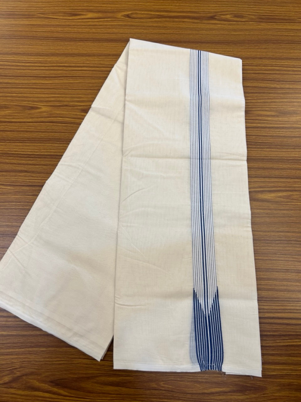 20% Discount! KaithariKada Balaramapuram 100% Cotton Double Off white - (Unbleached) Mundu/Dhoti-100x100 - 1.5 inch 12 Line Puliyilakkara Peacock Blue chutty 3.90 Mtr - 13 KK5268 ASH
