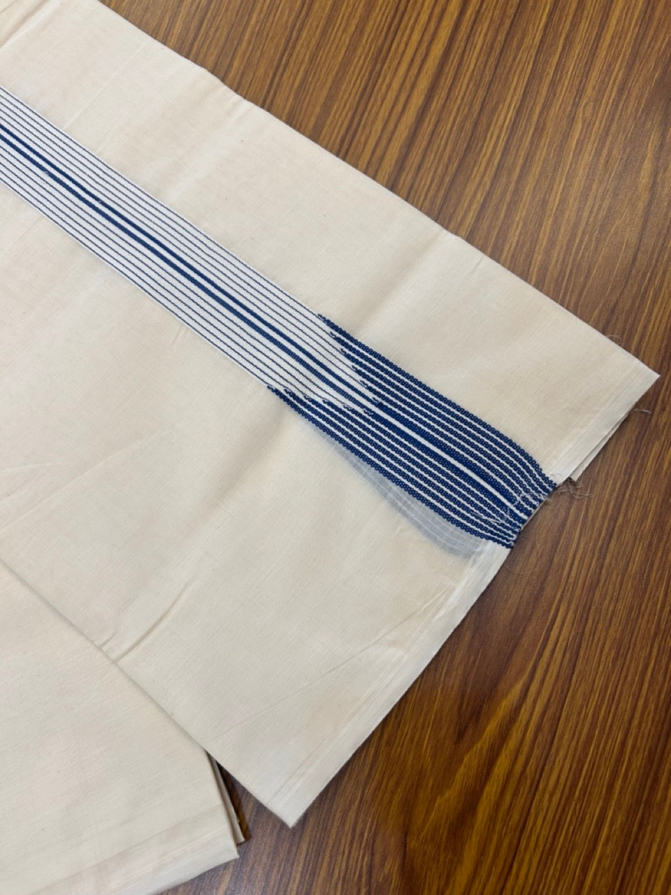 20% Discount! KaithariKada Balaramapuram 100% Cotton Double Off white - (Unbleached) Mundu/Dhoti-100x100 - 1.5 inch 12 Line Puliyilakkara Peacock Blue chutty 3.90 Mtr - 13 KK5268 ASH
