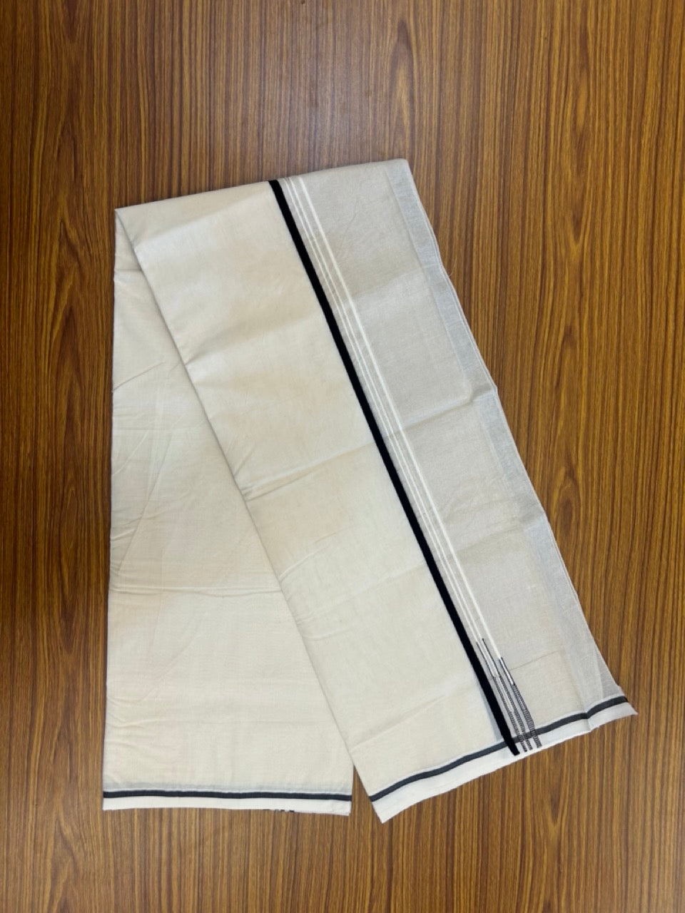 25% DISCOUNT! KaithariKada Balaramapuram 100% Cotton OFF WHITE Double (Unbleached) Mundu/Dhoti-100x100 - 3 cm Puliyilakkara Black Kara Silver Tissue Side Double Chutty - 14 KK5268 ASH