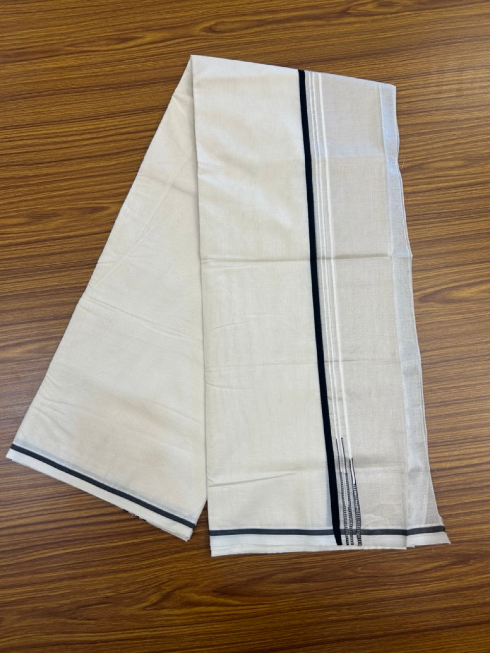25% DISCOUNT! KaithariKada Balaramapuram 100% Cotton OFF WHITE Double (Unbleached) Mundu/Dhoti-100x100 - 3 cm Puliyilakkara Black Kara Silver Tissue Side Double Chutty - 14 KK5268 ASH