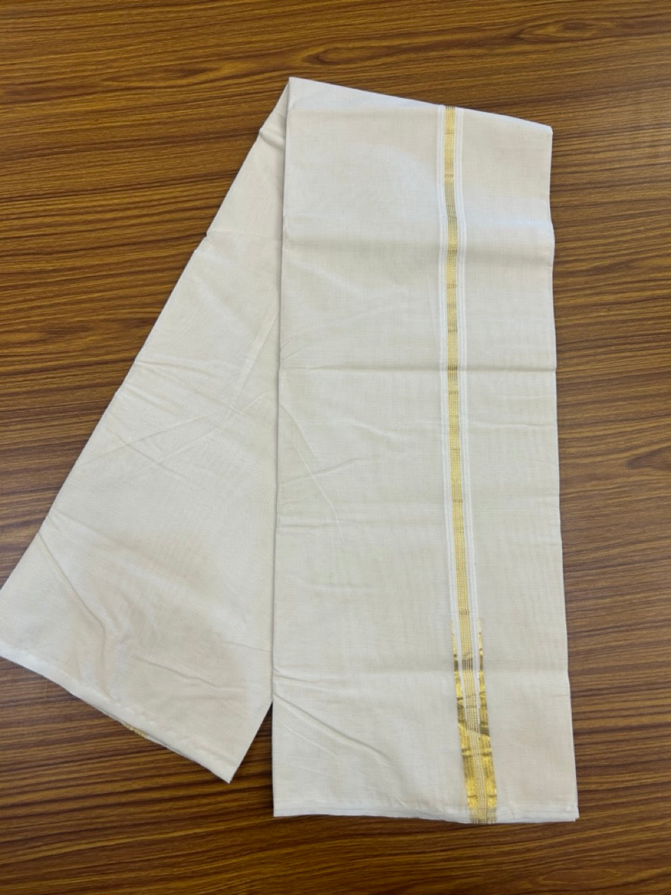 20% Discount! KaithariKada 100% Cotton Double Off white - (Unbleached) Mundu/Dhoti-100x100 - 1 inch Puliyilakkara Gold Kasav Stripes Chutty - 15 KK5268 ASH