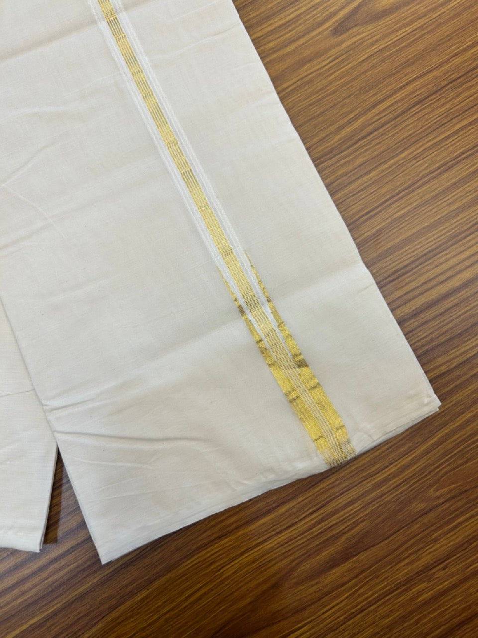 20% Discount! KaithariKada 100% Cotton Double Off white - (Unbleached) Mundu/Dhoti-100x100 - 1 inch Puliyilakkara Gold Kasav Stripes Chutty - 15 KK5268 ASH