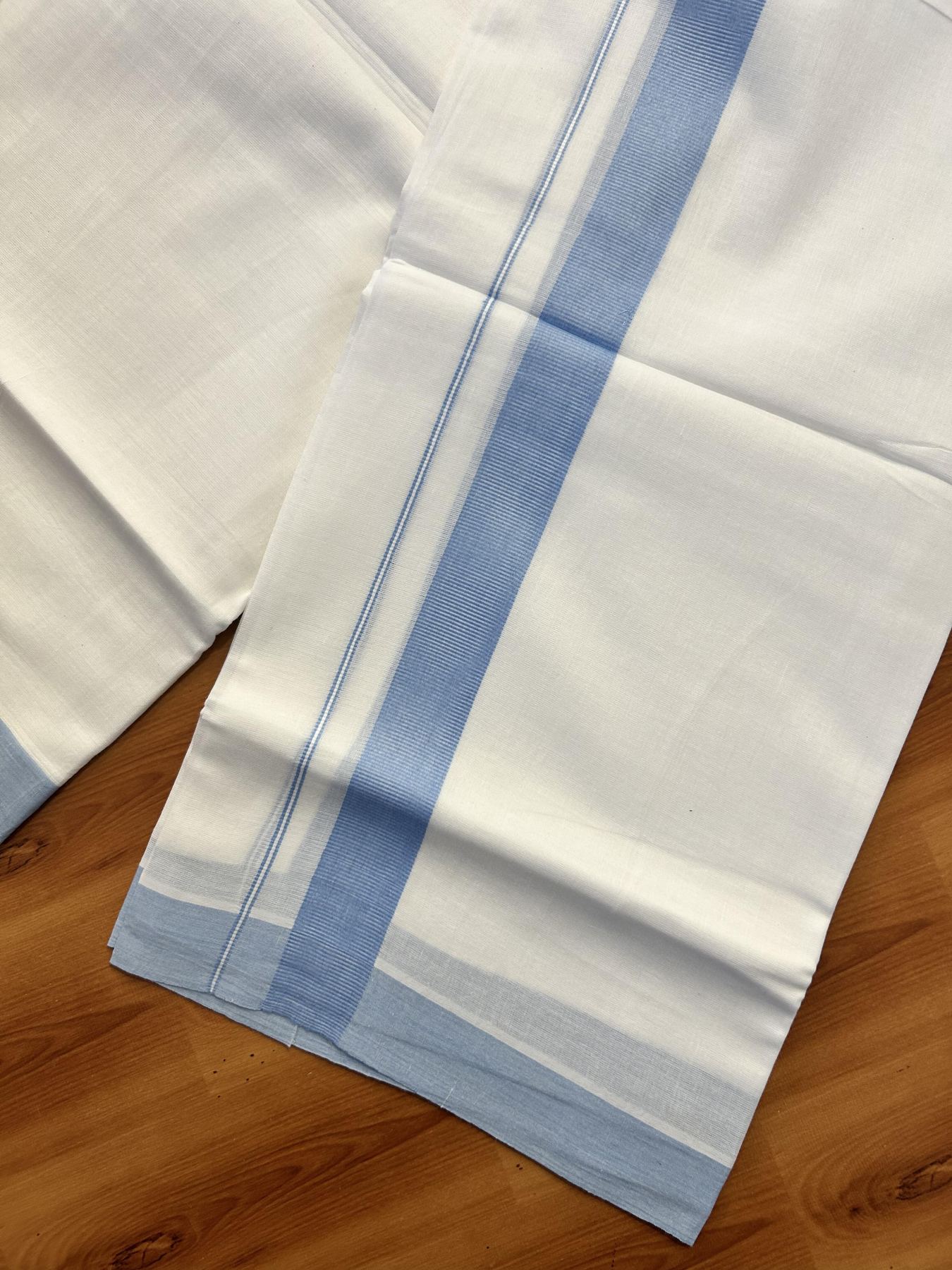 Pure White Double Mundu/Dhoti - 20% Discount ! Kaitharikada Pure Cotton - (60s) - 1.25 inch Pestel Blue Kara 3.80 mtr (8 muzham) - 41 KK5456 THI