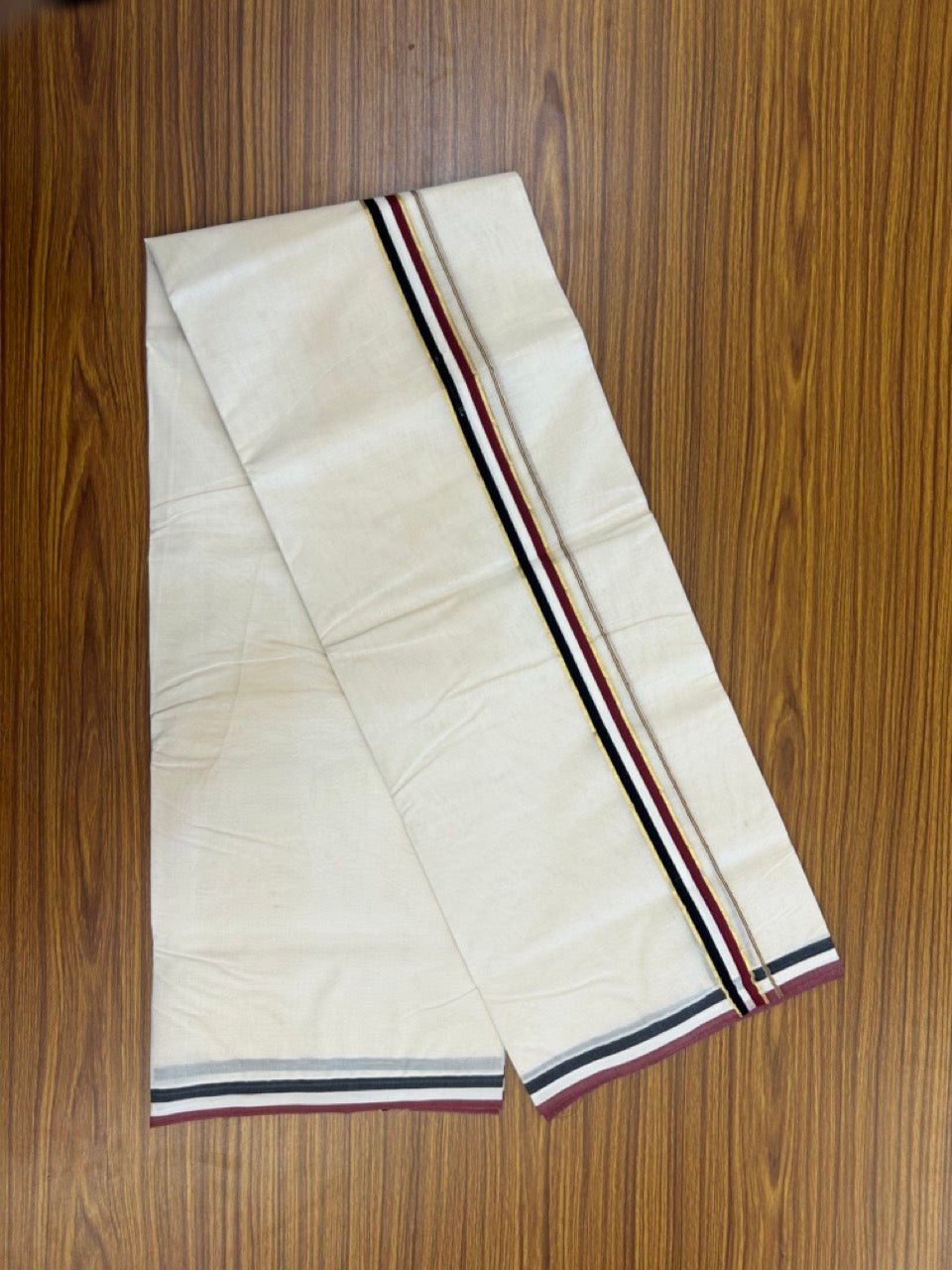 ADMK VESHTI - 20% DISCOUNT! KaithariKada 100% Cotton off white Double - (Unbleached) Mundu/Dhoti - 100X100 - 1 inch Gold Kasav & Black White Maroon kara 4 mtr (8.5 muzham)- 18 KK5268 ASH