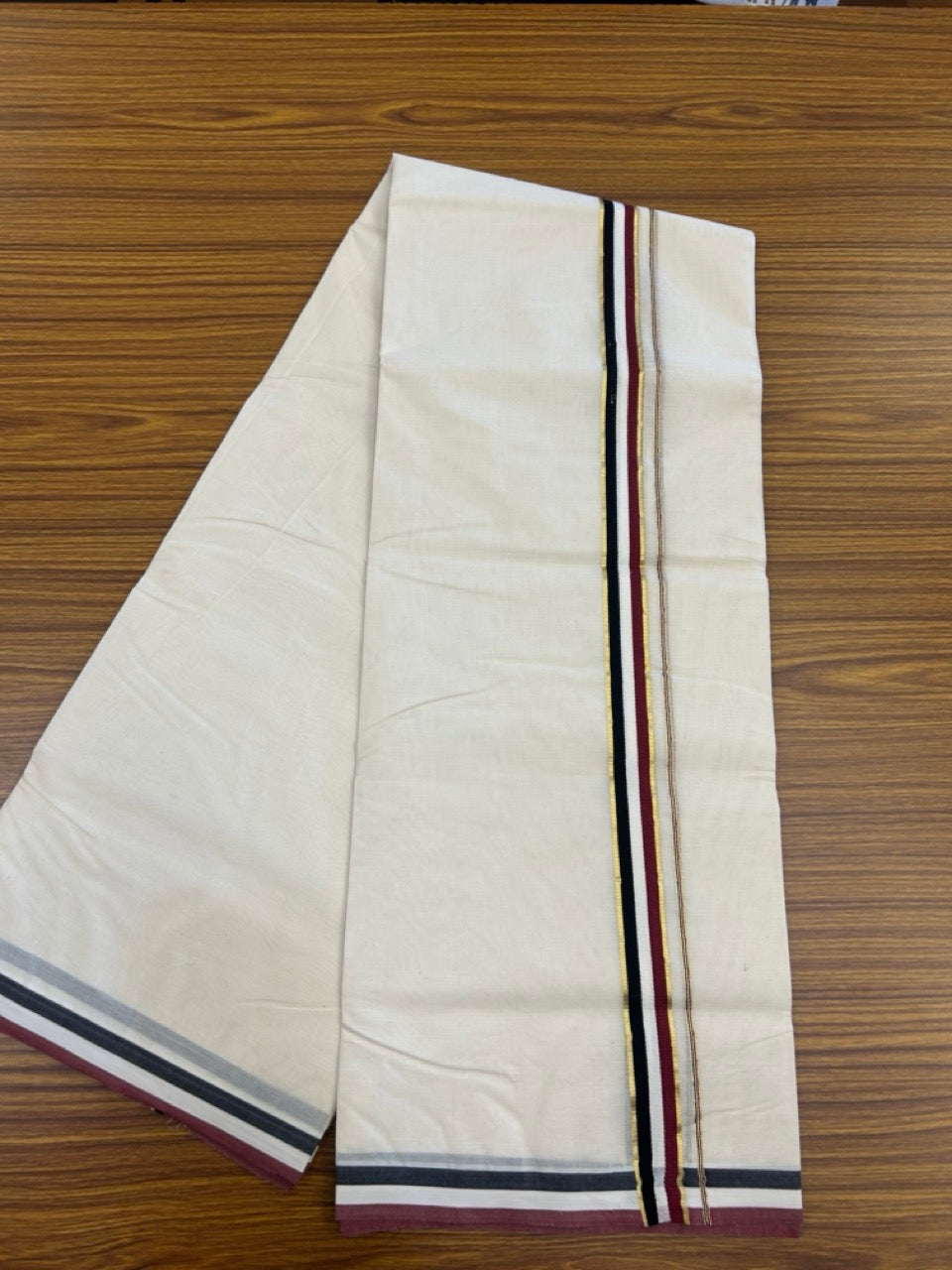 ADMK VESHTI - 20% DISCOUNT! KaithariKada 100% Cotton off white Double - (Unbleached) Mundu/Dhoti - 100X100 - 1 inch Gold Kasav & Black White Maroon kara 4 mtr (8.5 muzham)- 18 KK5268 ASH