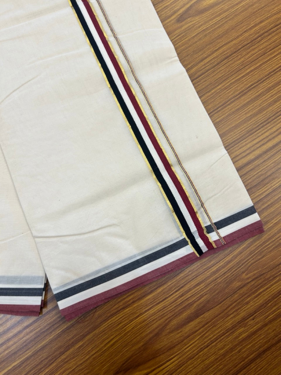 ADMK VESHTI - 20% DISCOUNT! KaithariKada 100% Cotton off white Double - (Unbleached) Mundu/Dhoti - 100X100 - 1 inch Gold Kasav & Black White Maroon kara 4 mtr (8.5 muzham)- 18 KK5268 ASH