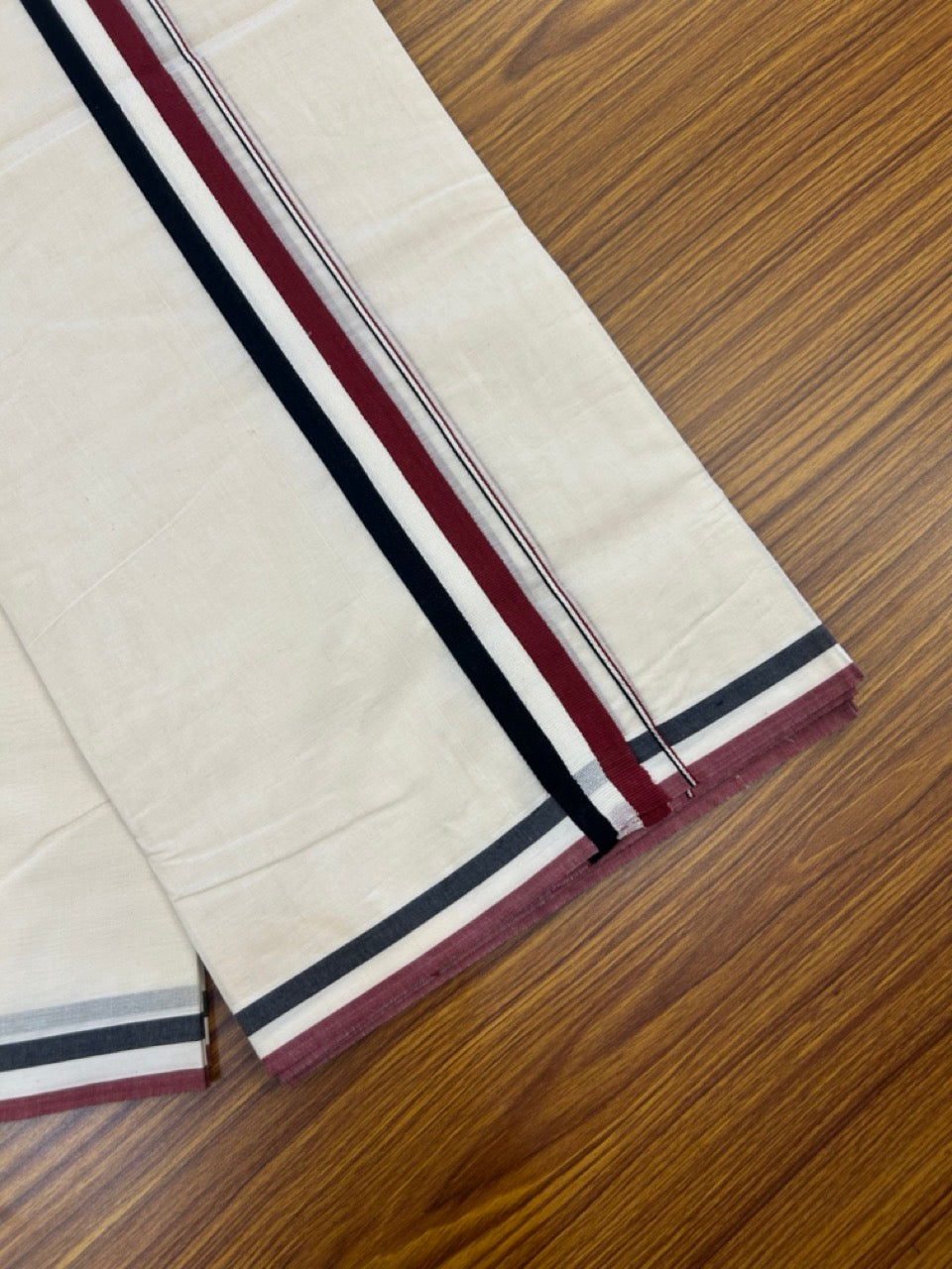 Admk Veshti - 20% Discount! KaithariKada 100% Cotton Off White Double - (Unbleached) Mundu/Dhoti - 100X100 - 1.5 inch Maroon White & Black kara 4 mtr (8.5 muzham)- 17 KK5268 ASH