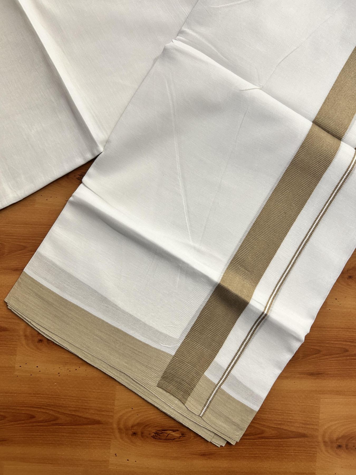 Pure White Double Mundu/Dhoti - 20% Discount ! Kaitharikada Pure Cotton - (60s) - 1.25 inch Dusty Brown Kara 3.80 mtr (8 muzham) - 35 KK5456 THI