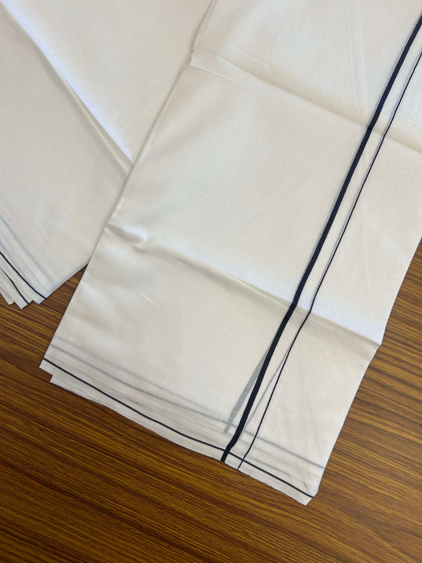 20% Discount ! Kaitharikada Balaramapuram 100% Cotton Pure White Double Mundu/Dothi - 100x80 - 0.4 cm Navy Blue thin Kara 3.90 m (8 muzham) - 4 KK5301CKS