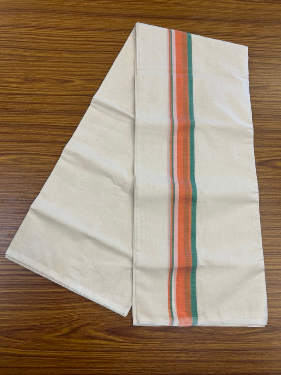 BJP VESHTI - 20% DISCOUNT! KaithariKada 100% Cotton off white Double - (Unbleached) Mundu/Dhoti - 100X100 - 1.25 inch Orange & Green Shaded Kara 4 mtr (8.5 muzham) - 19 KK5268 ASH