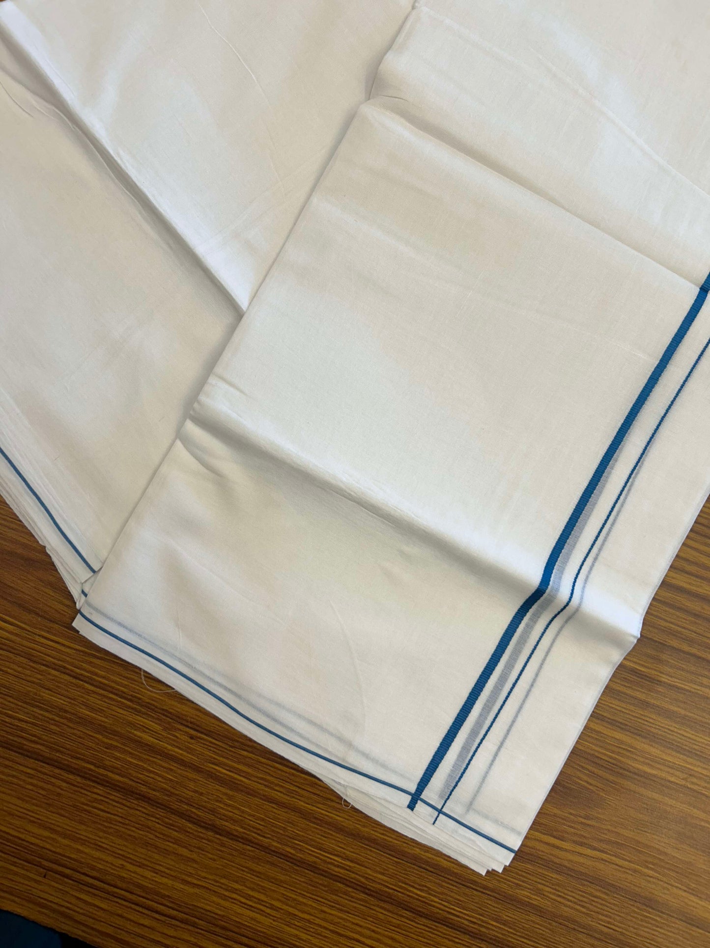 20% Discount ! Kaitharikada Balaramapuram 100% Cotton Pure White Double Mundu/Dothi - 100x80 - 0.4 cm Peacock Blue thin Kara 3.90 m (8 muzham) - 8 KK5301CKS