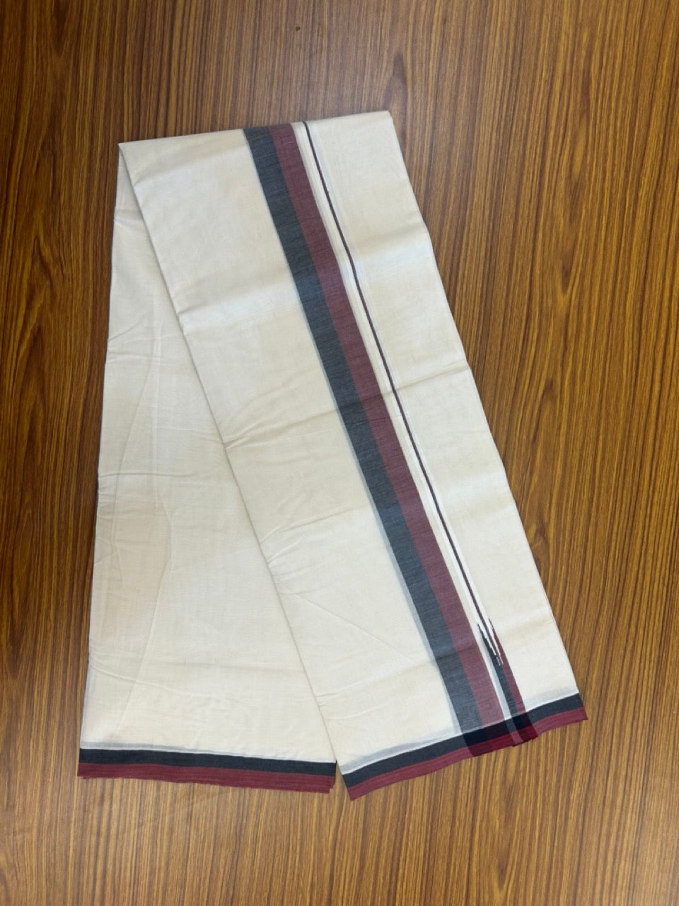 DMK Veshti - 20% DISCOUNT! KaithariKada 100% Cotton off white Double - (Unbleached) Mundu/Dhoti - 100X100 - 1.5 inch Puliyilakkara Black & Maroon Chutty kara - 24 KK5268 ASH