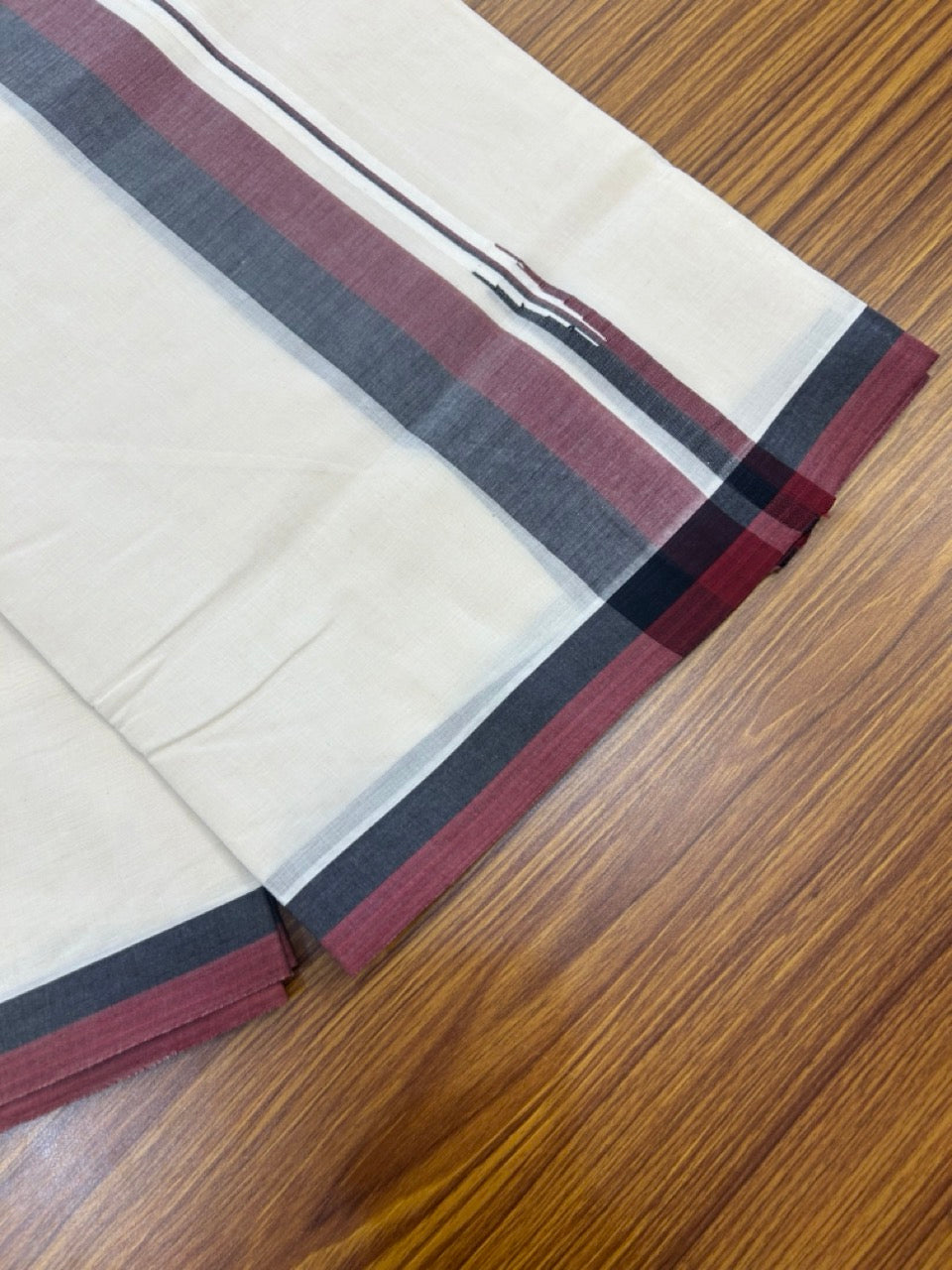 DMK Veshti - 20% DISCOUNT! KaithariKada 100% Cotton off white Double - (Unbleached) Mundu/Dhoti - 100X100 - 1.5 inch Puliyilakkara Black & Maroon Chutty kara - 24 KK5268 ASH