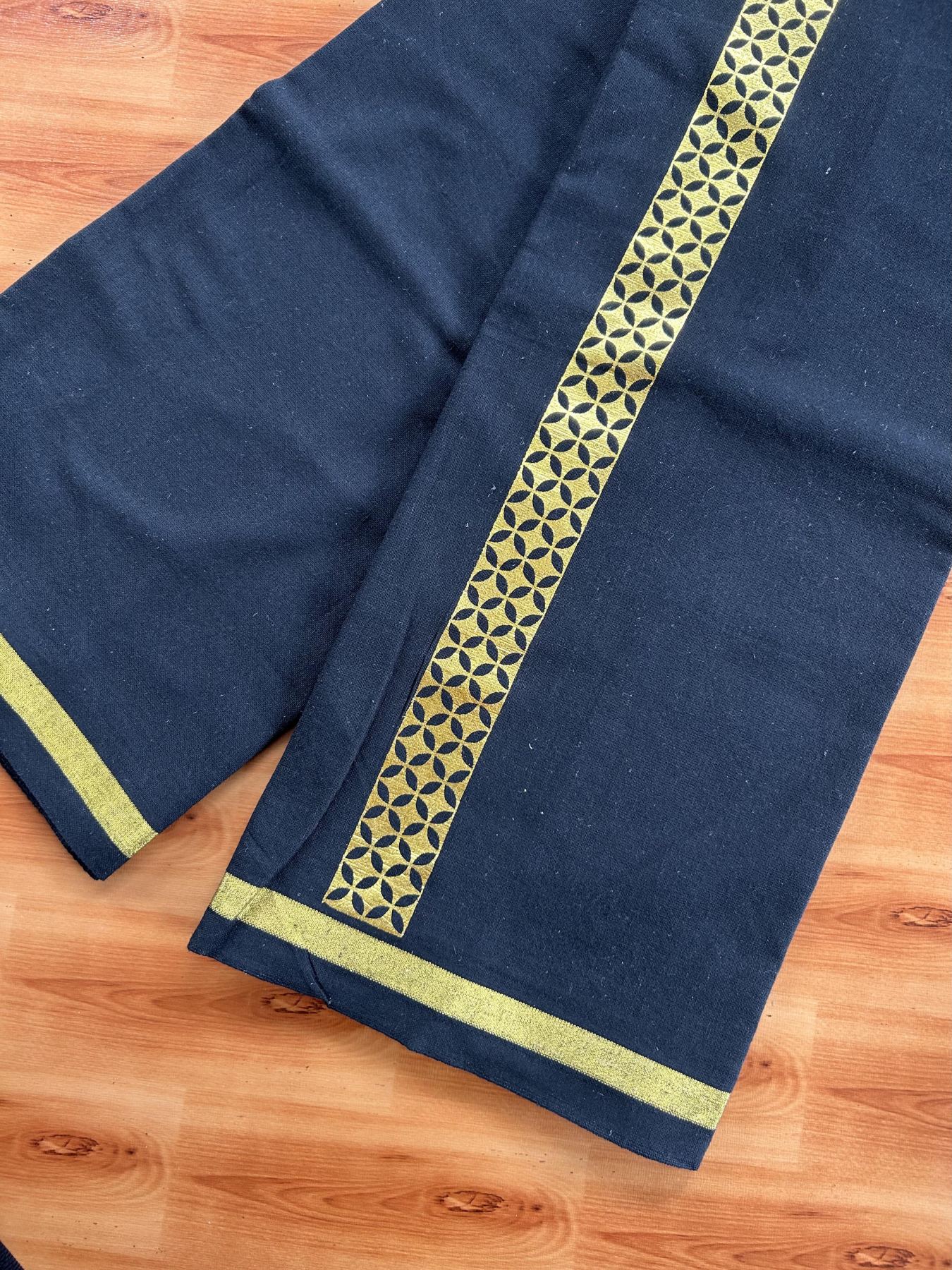 Kaitharikada - Single Kaily / Lungi - Mixed Cotton - 40s twisted - 1.5 inch Light Gold Kasav Printed Design kara with Black colour body (2 meter / 4 muzham) - 15 KK8058 GAN