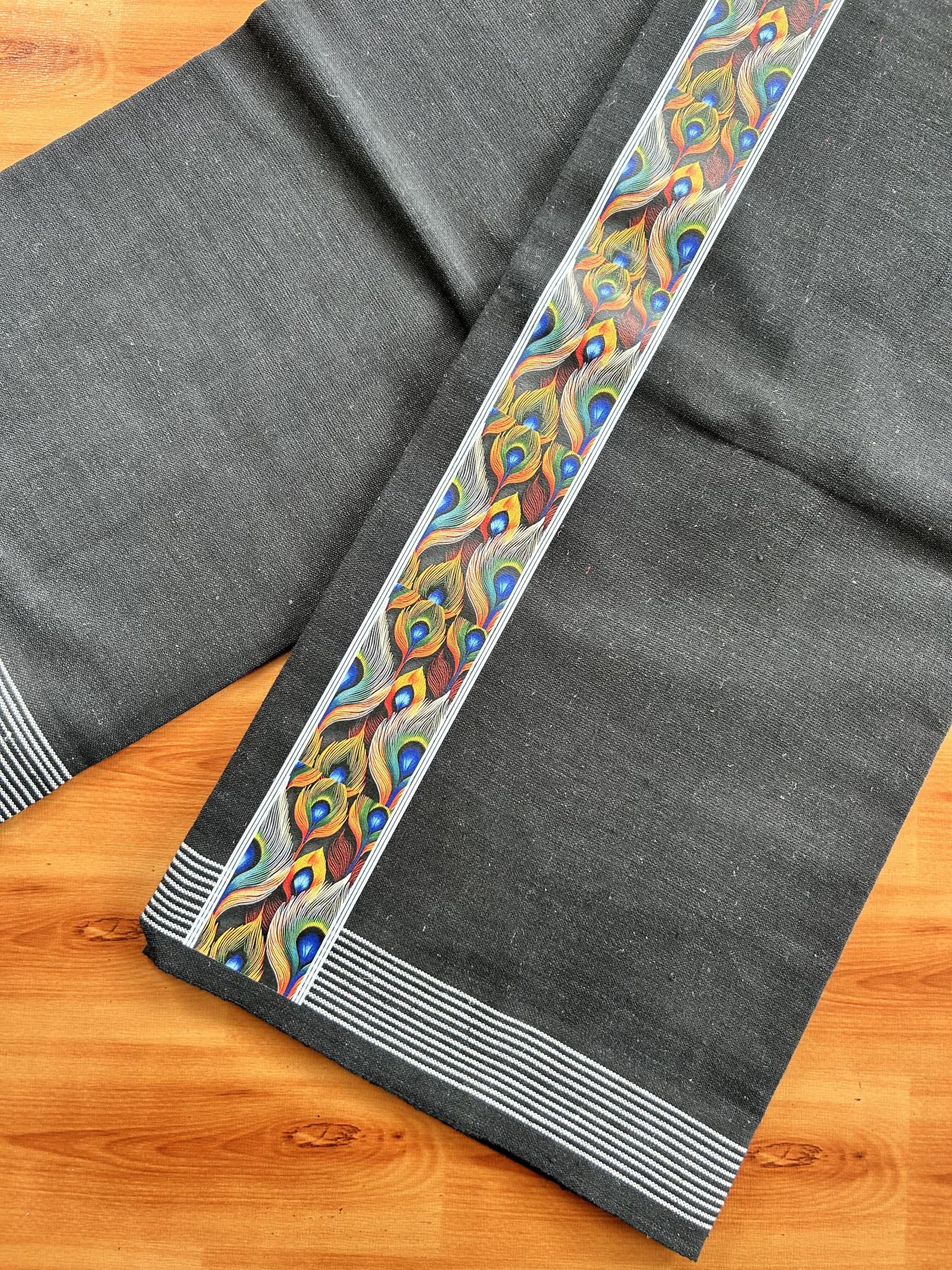 Kaitharikada - Single Kaily / Lungi - Mixed Cotton - 40s twisted - 2 inch Multi Colour Peacock Feather Printed Design Kara with Black colour body (2 meter / 4 muzham) - 26 KK8058 GAN