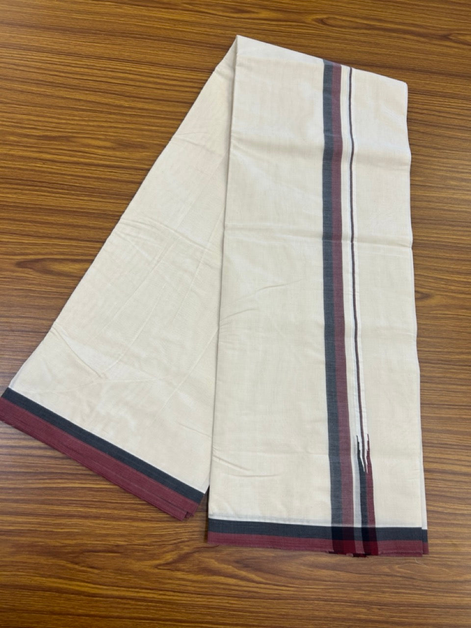 DMK Veshti - 20% DISCOUNT! KaithariKada 100% Cotton off white Double - (Unbleached) Mundu/Dhoti - 100X100 - 1 inch Puliyilakkara Black & Maroon Shaded Chutty kara - 27 KK5268 ASH